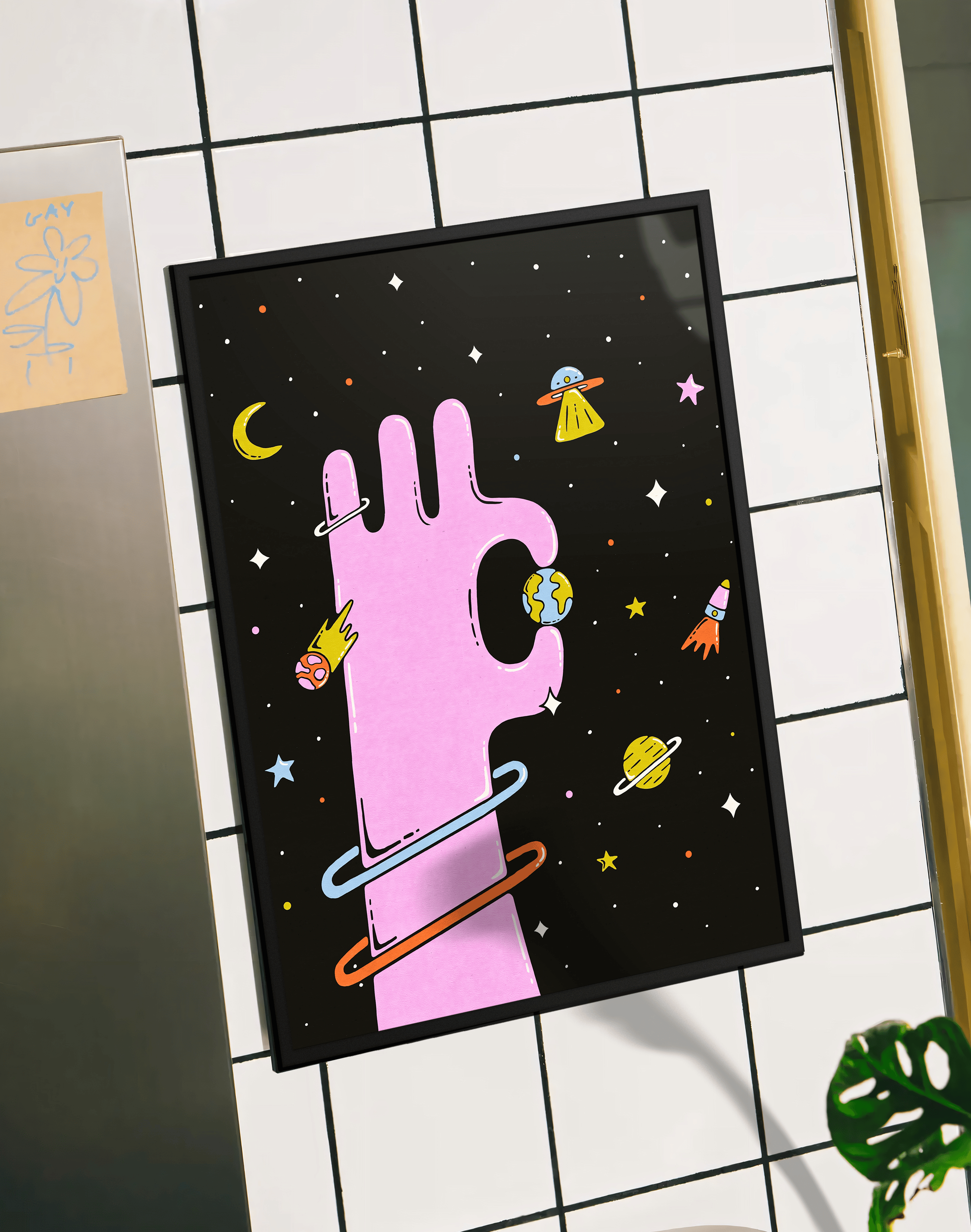 Cosmic Hand Modern Duvar Tablosu – Pembe El ve Uzay Poster