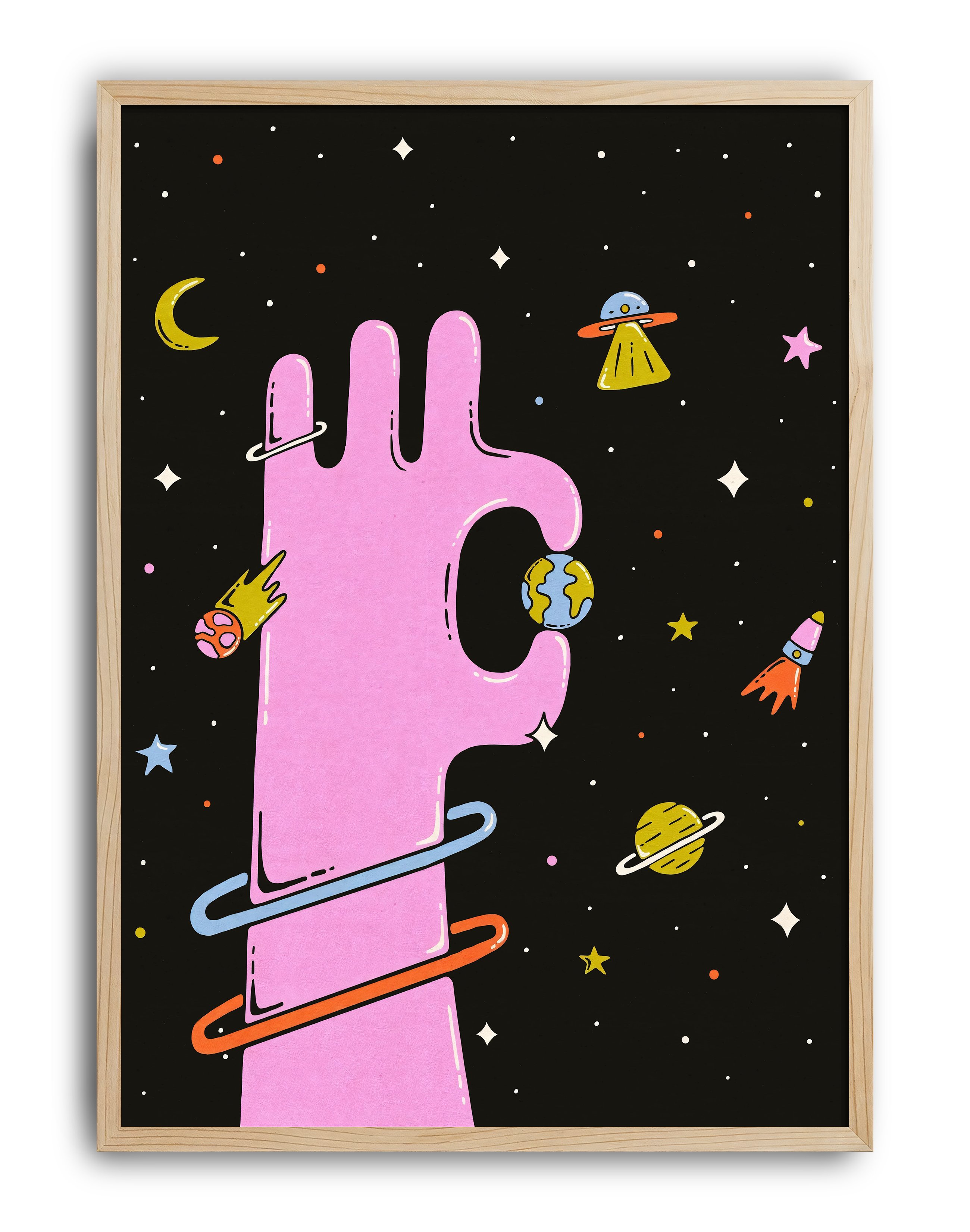 Cosmic Hand Modern Duvar Tablosu – Pembe El ve Uzay Poster