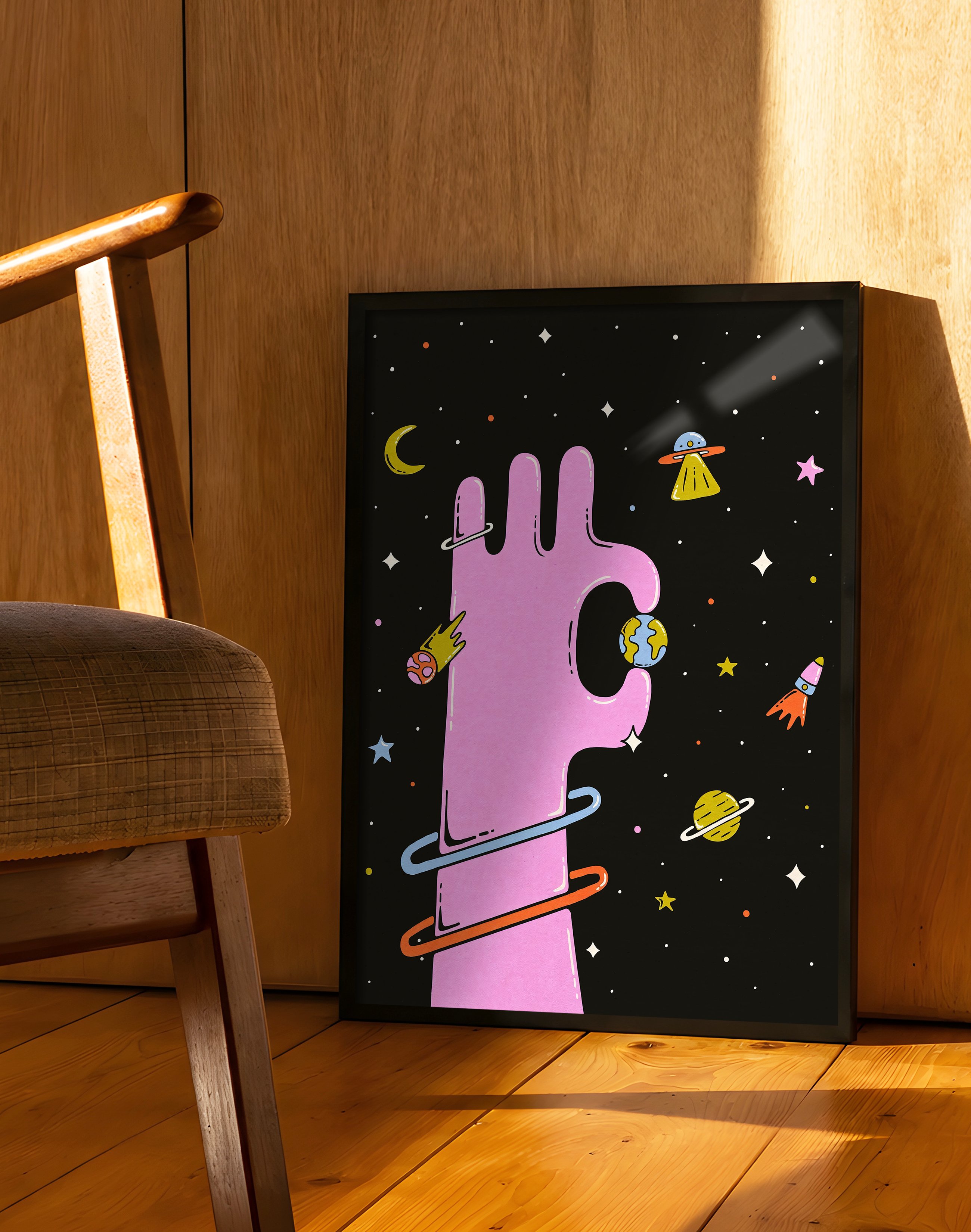 Cosmic Hand Modern Duvar Tablosu – Pembe El ve Uzay Poster