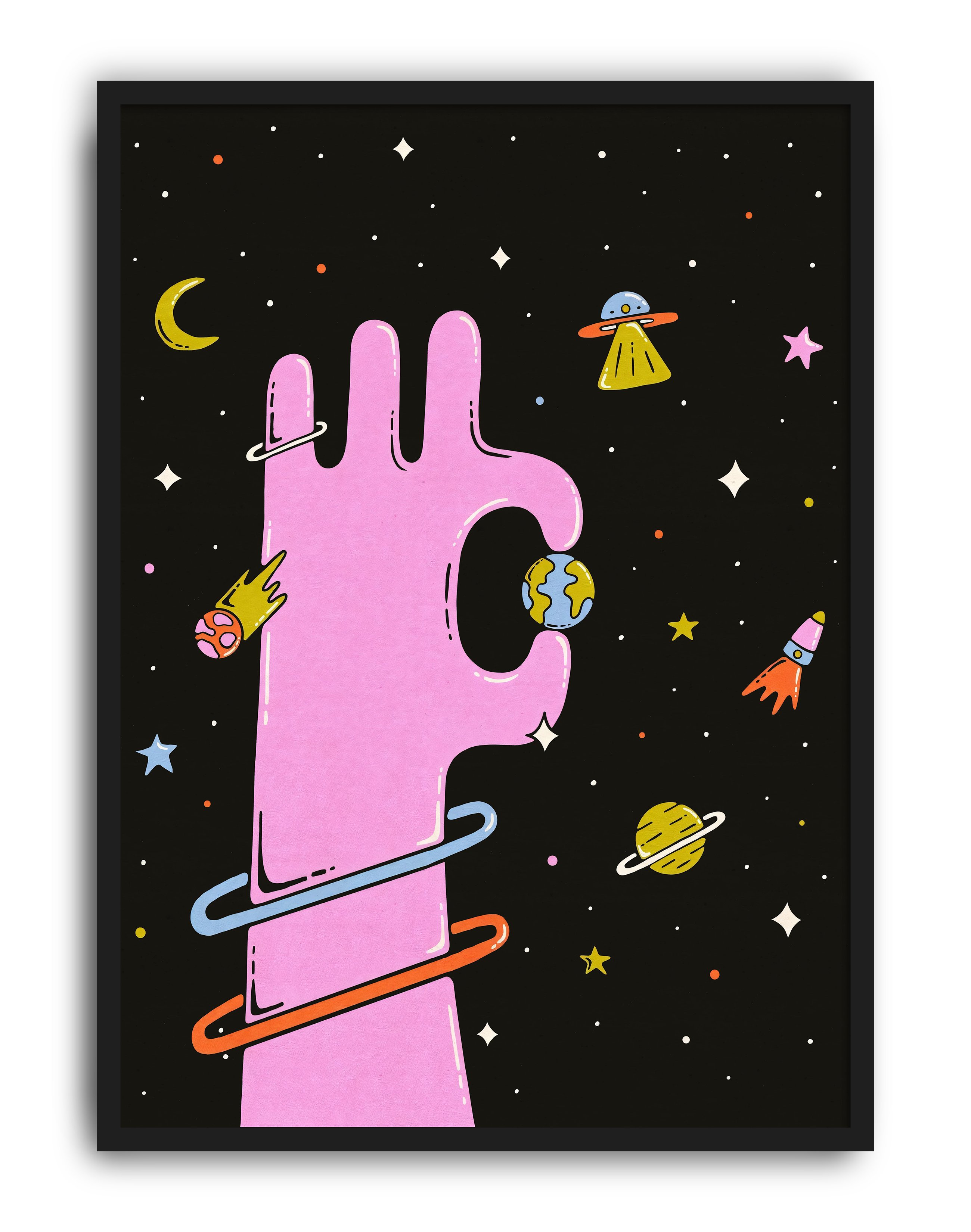 Cosmic Hand Modern Duvar Tablosu – Pembe El ve Uzay Poster