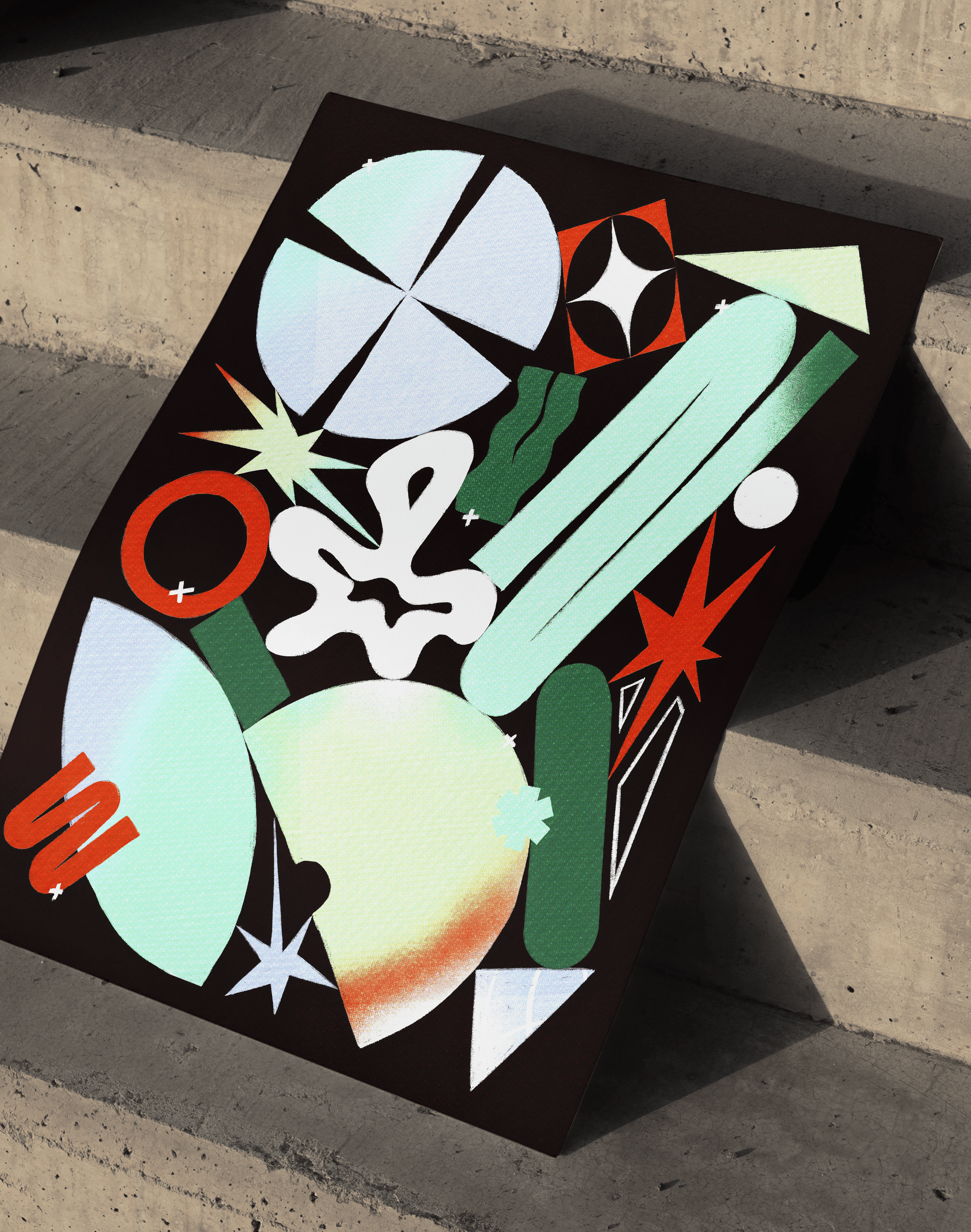 Cosmic Shapes Modern Duvar Tablosu – Siyah Zeminli Renkli Geometrik Poster