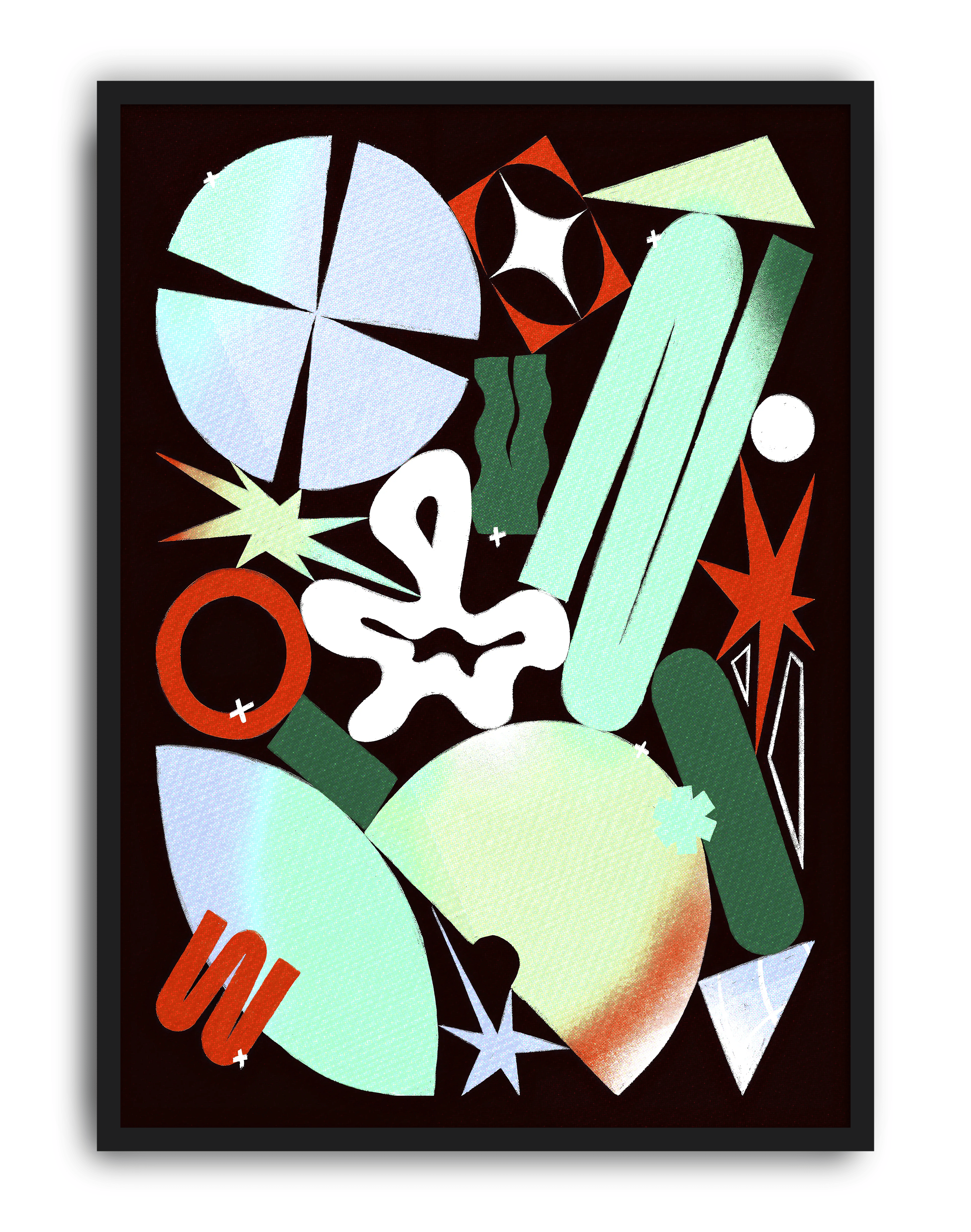 Cosmic Shapes Modern Duvar Tablosu – Siyah Zeminli Renkli Geometrik Poster