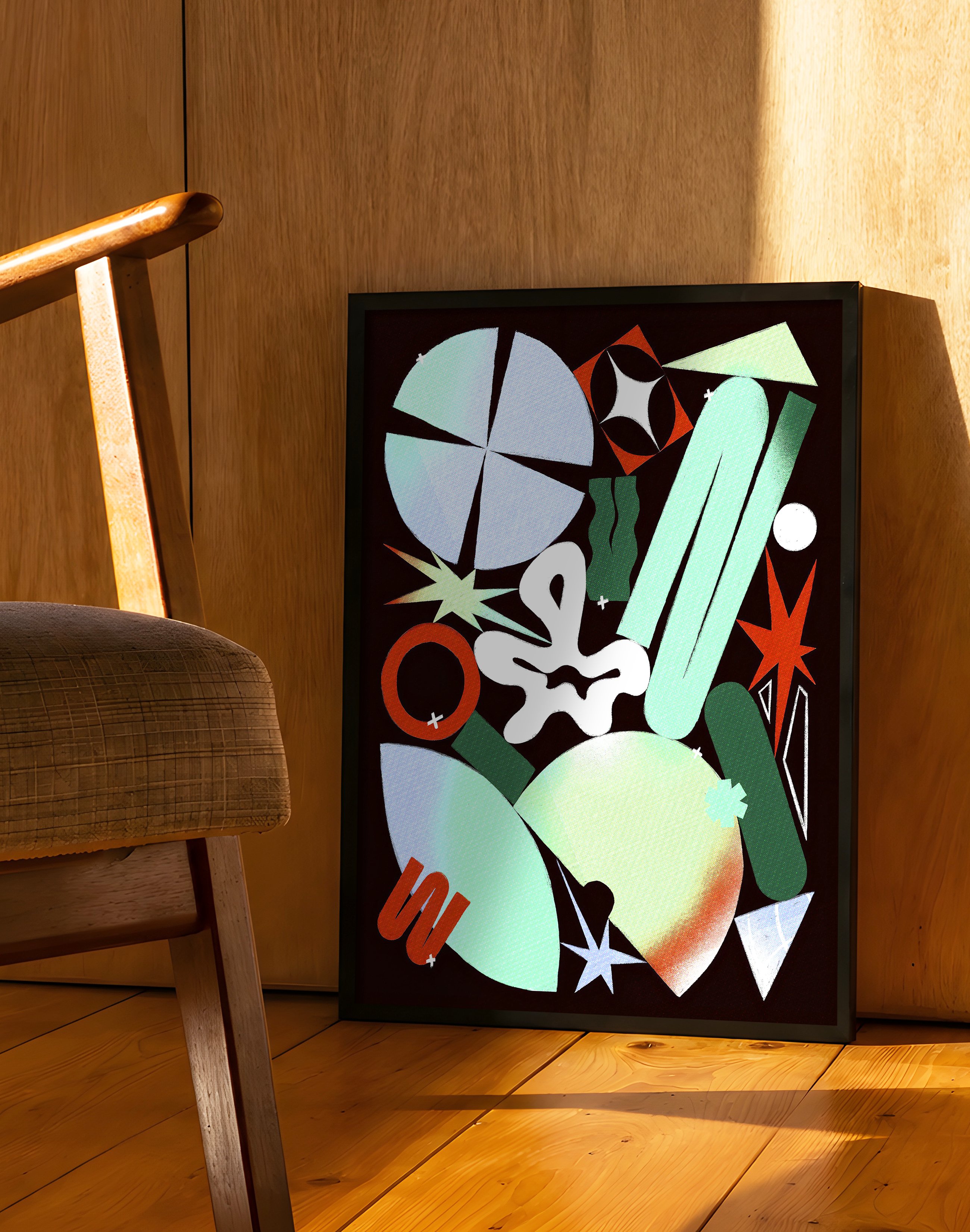 Cosmic Shapes Modern Duvar Tablosu – Siyah Zeminli Renkli Geometrik Poster