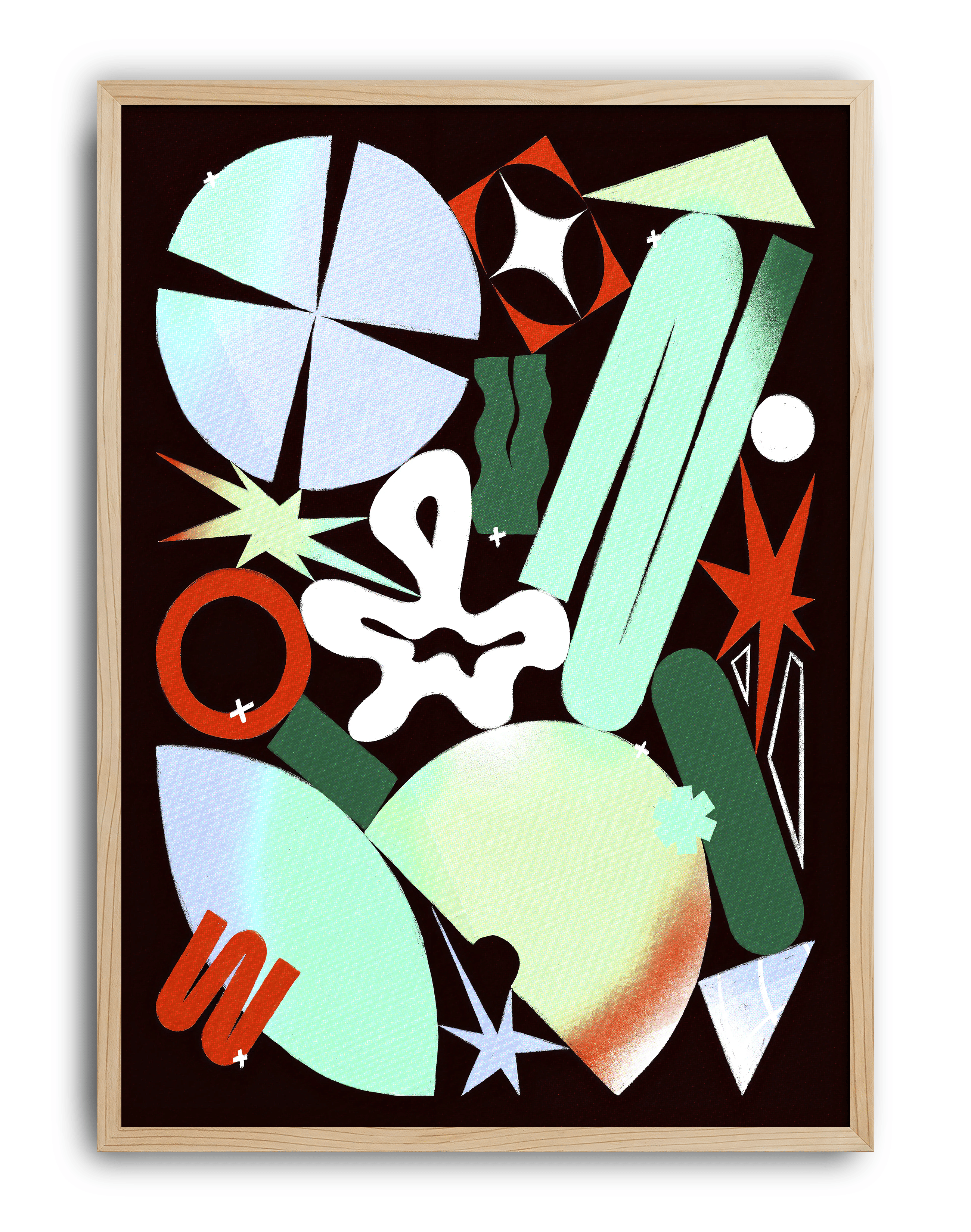 Cosmic Shapes Modern Duvar Tablosu – Siyah Zeminli Renkli Geometrik Poster