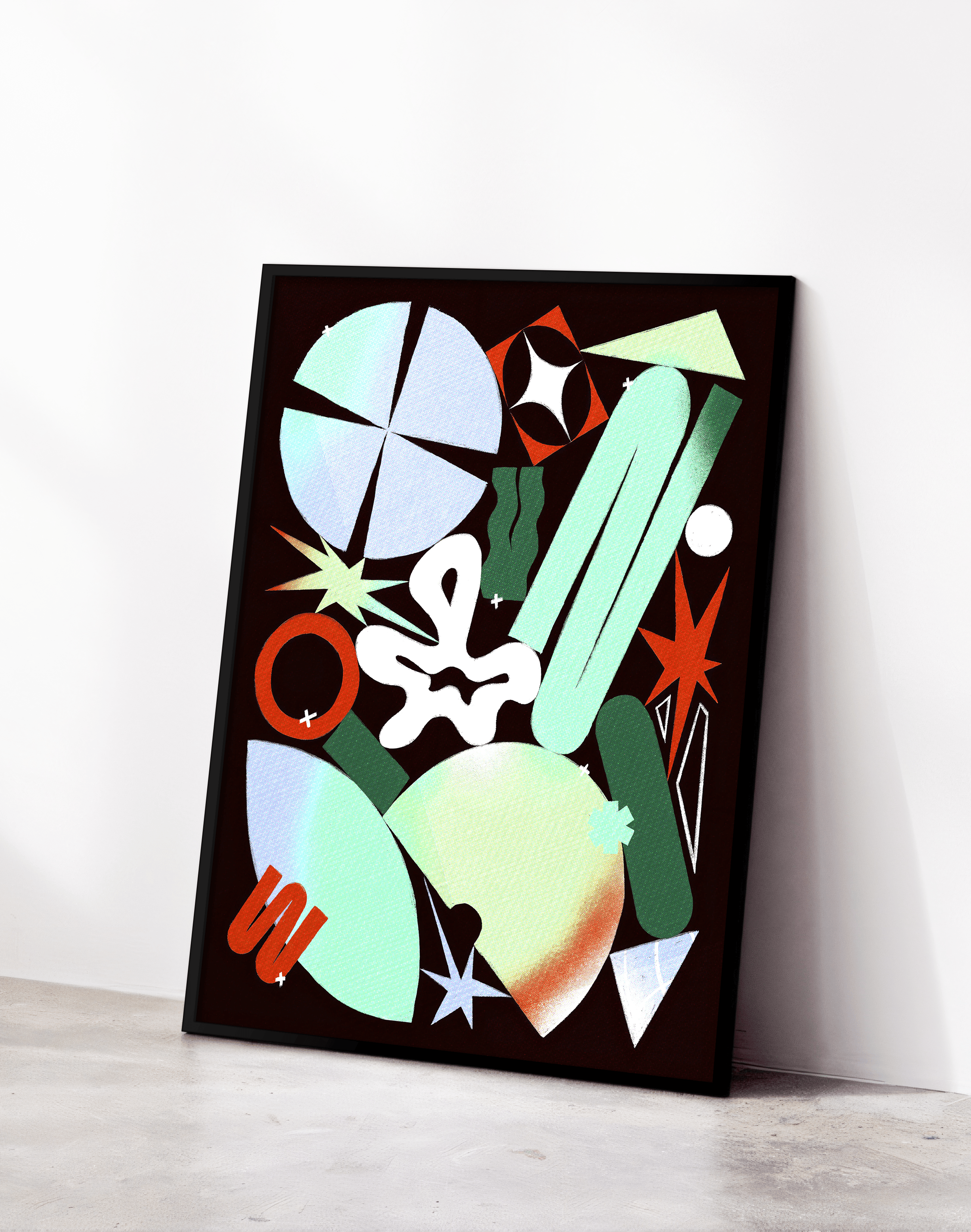 Cosmic Shapes Modern Duvar Tablosu – Siyah Zeminli Renkli Geometrik Poster