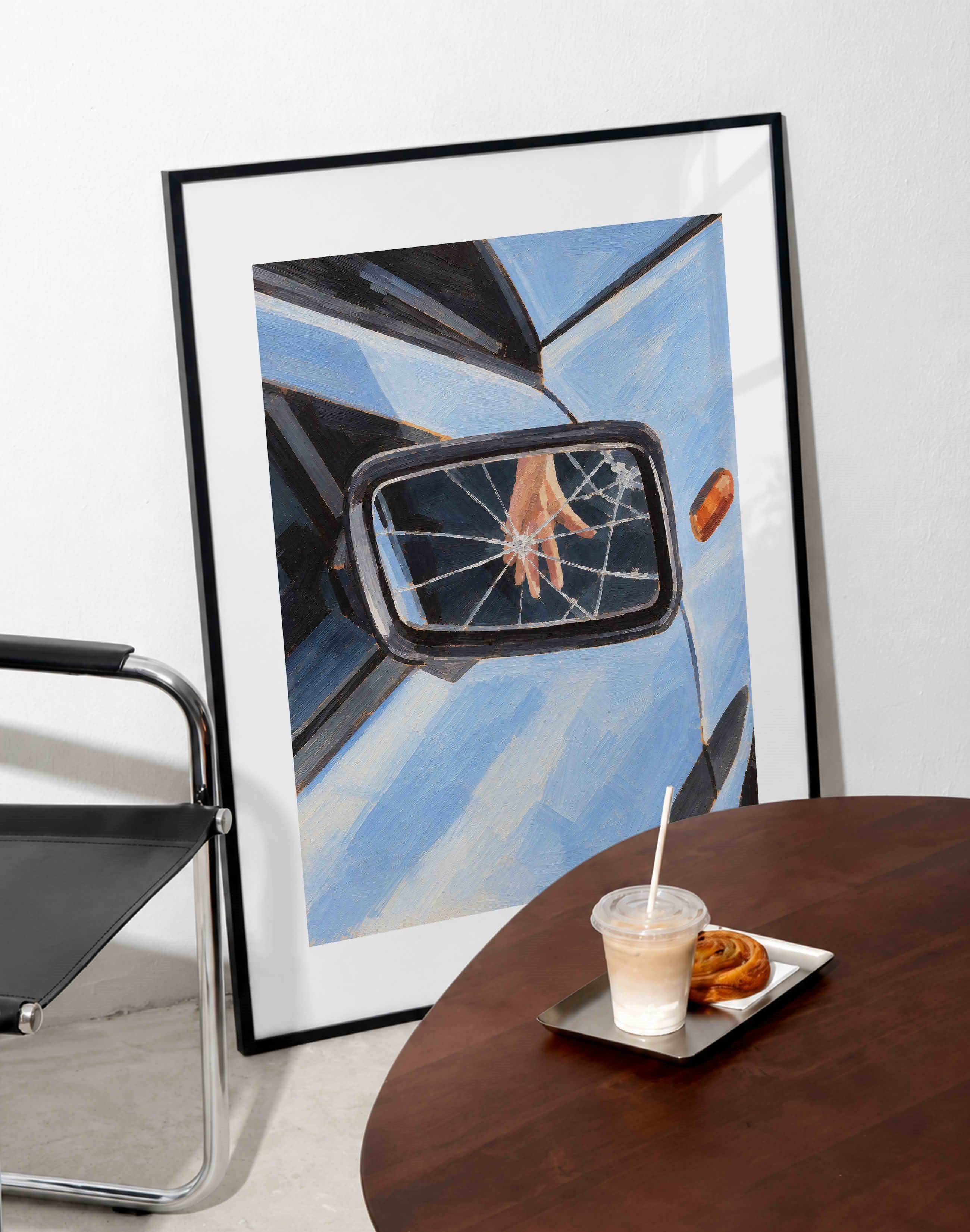 Cracked Mirror, Blue Car – Çağdaş Resim ve Modern Duvar Tablosu