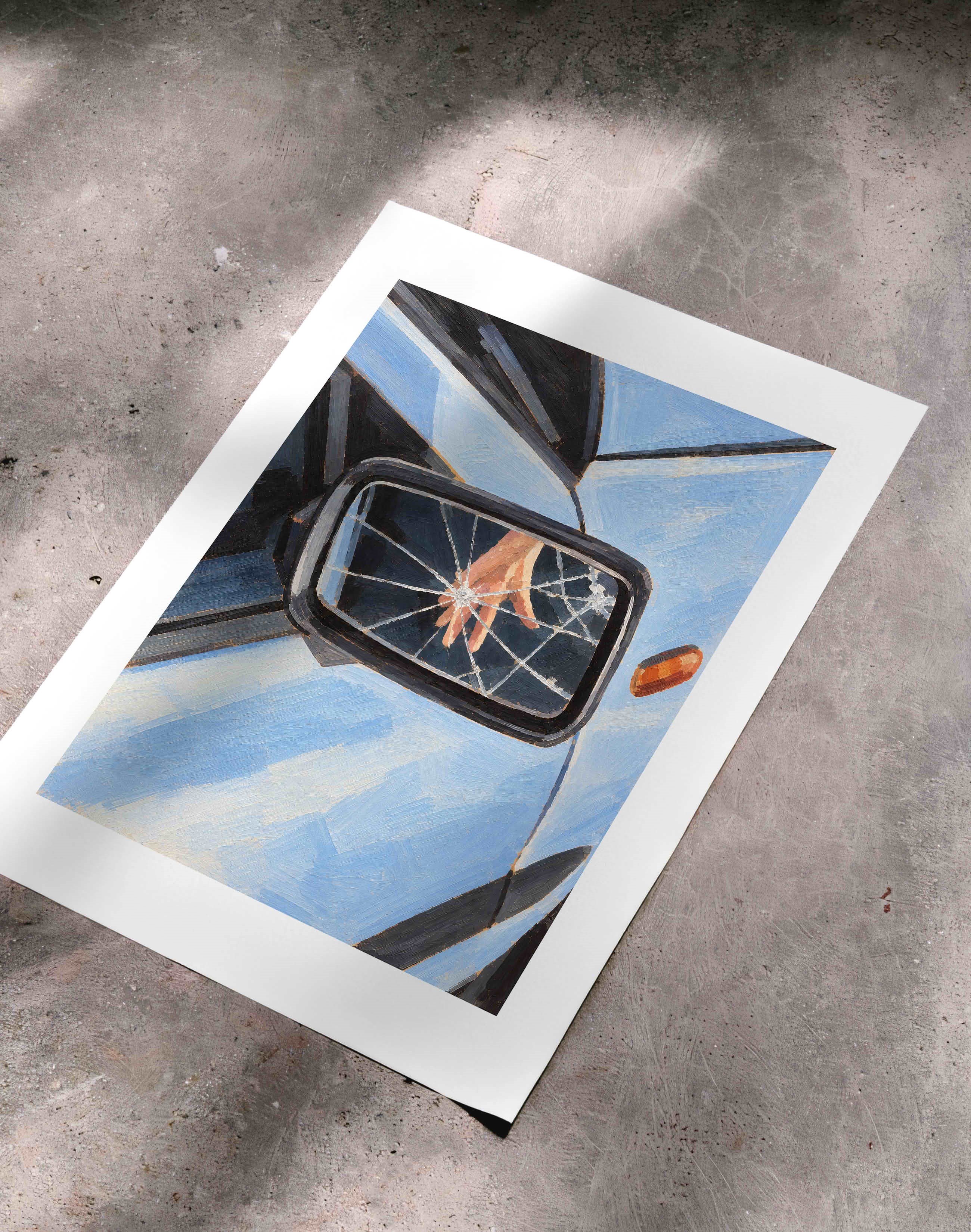 Cracked Mirror, Blue Car – Çağdaş Resim ve Modern Duvar Tablosu