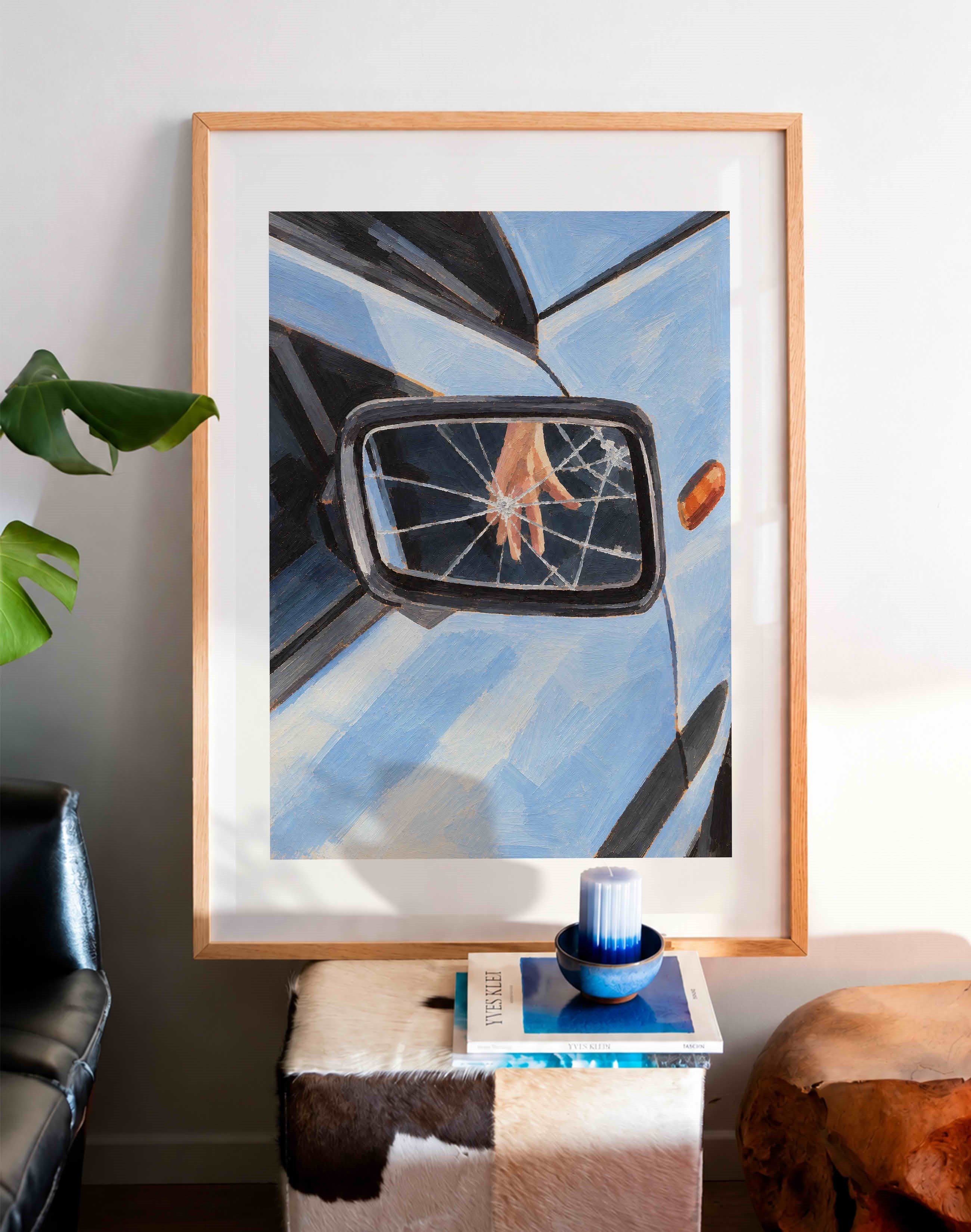 Cracked Mirror, Blue Car – Çağdaş Resim ve Modern Duvar Tablosu