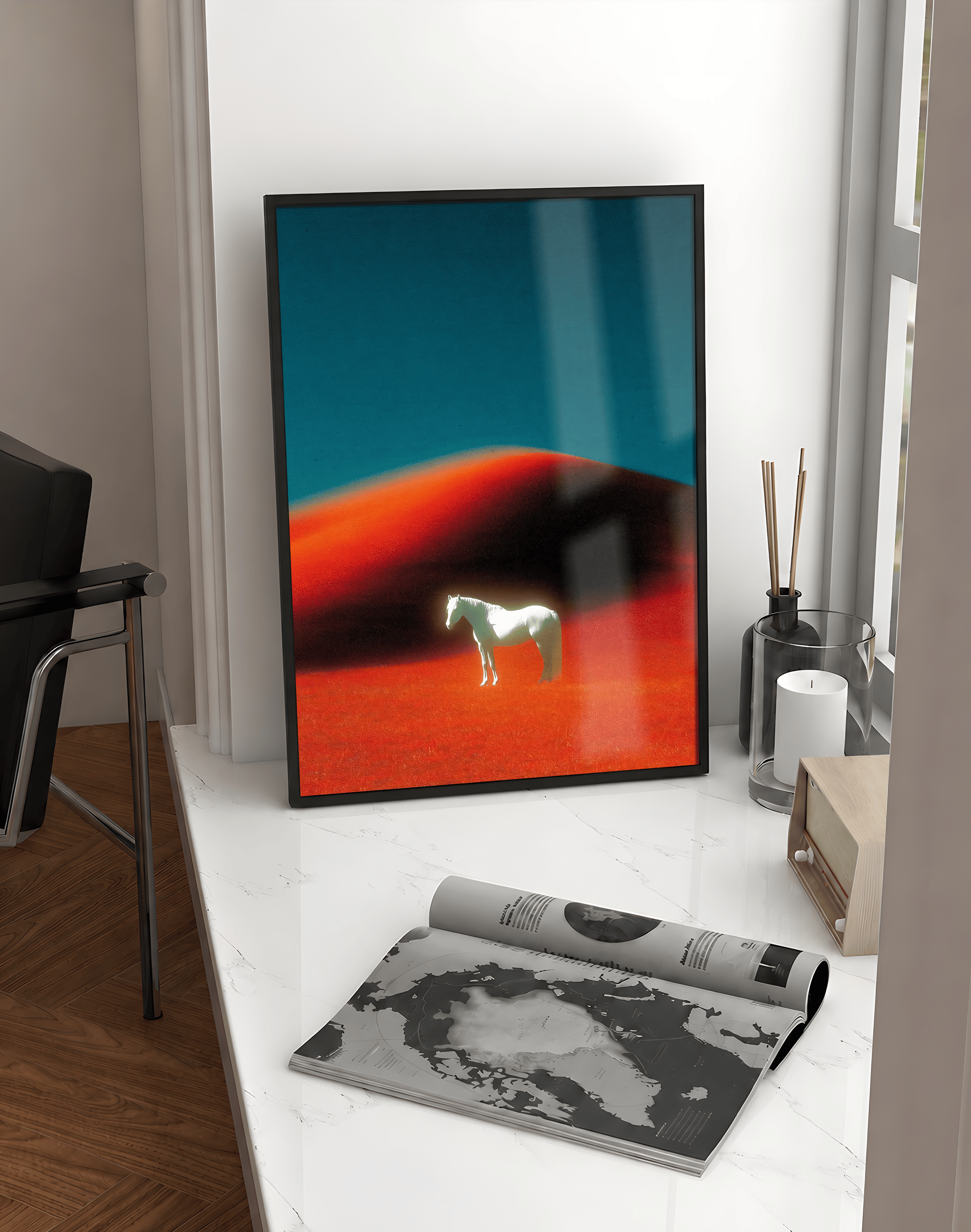 Crimson Horse Modern Duvar Tablosu – Kırmızı Manzara At Poster
