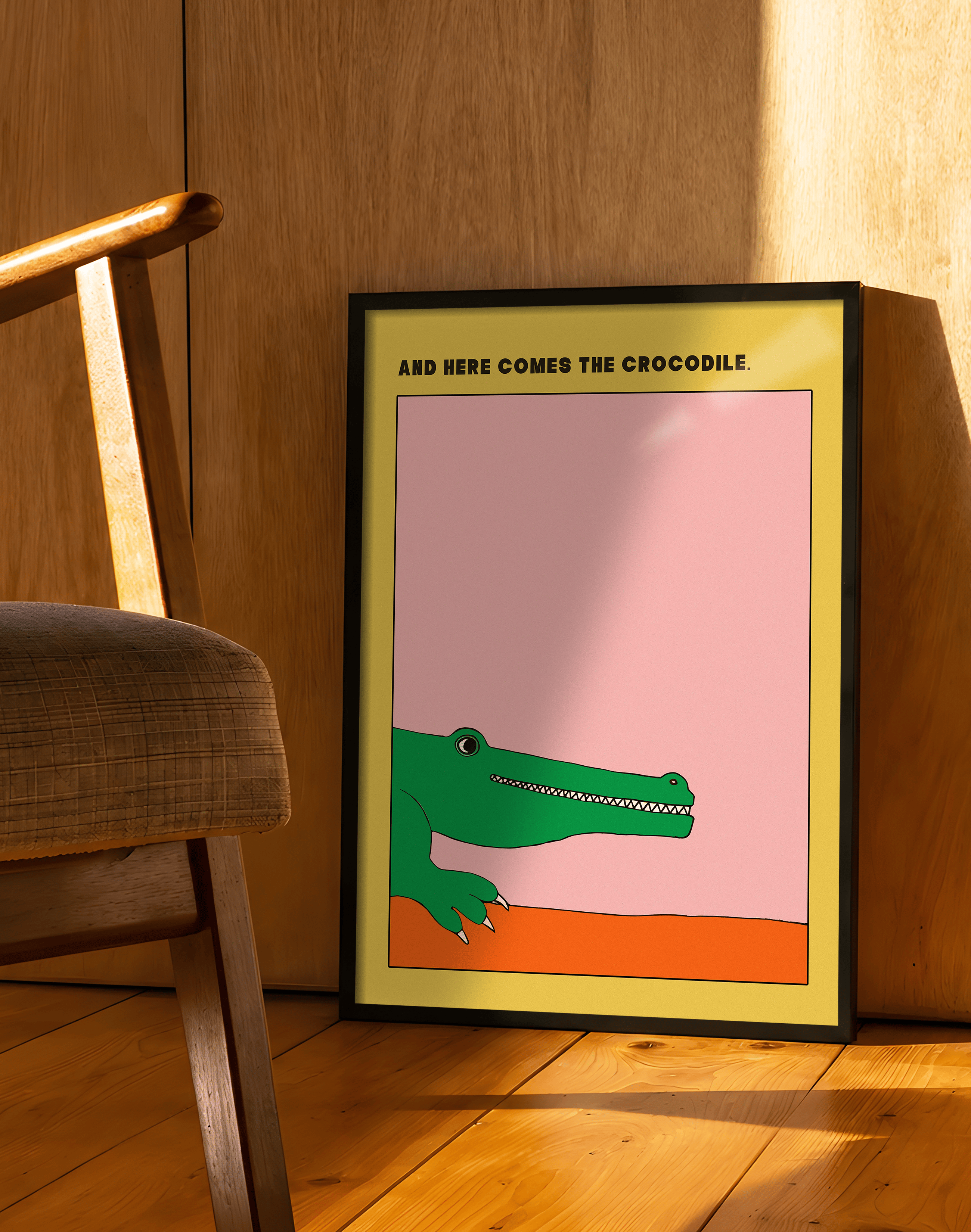 Crocodile Mood Modern Duvar Tablosu – Sarı Pembe Timsah Poster