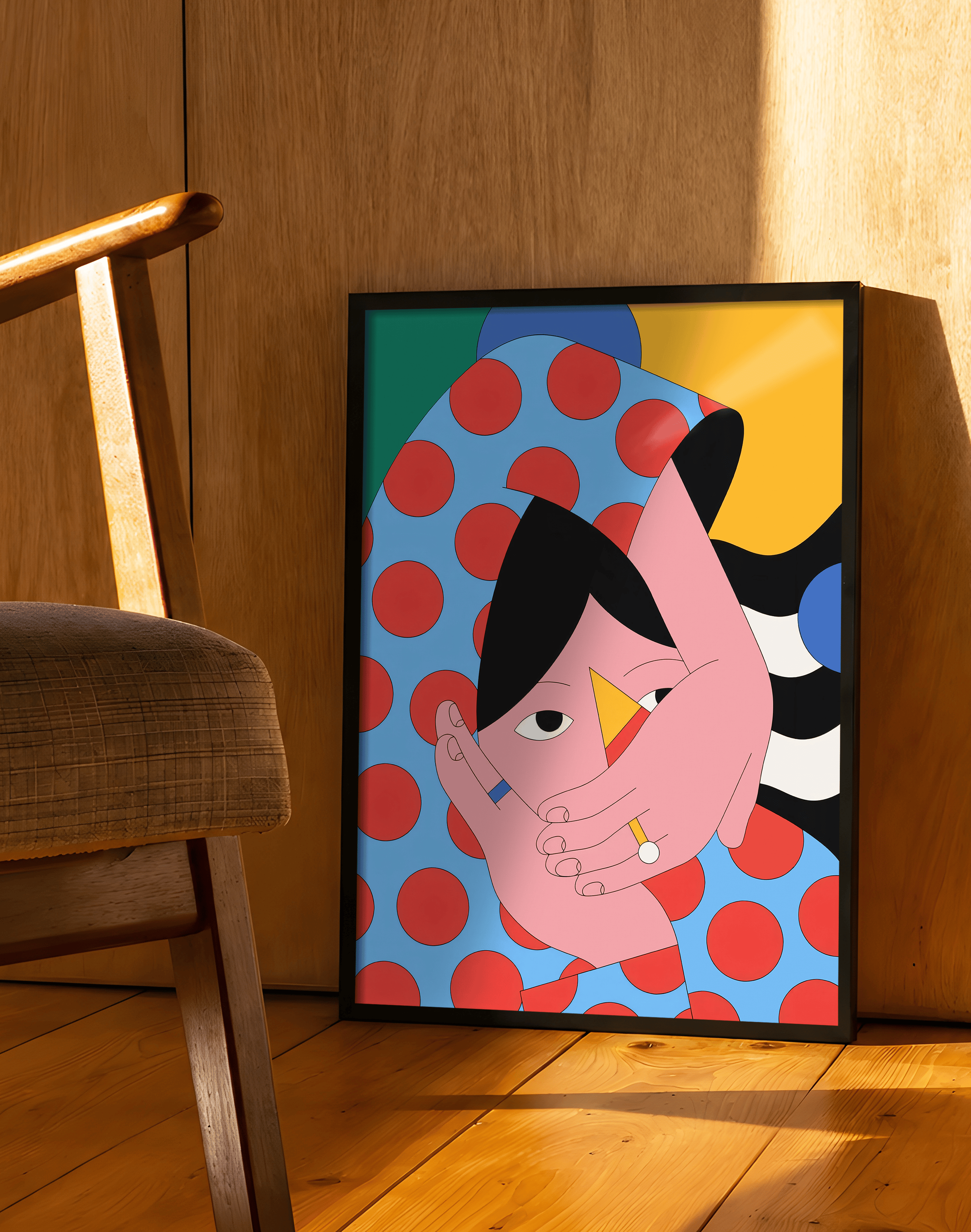Dot Face Modern Duvar Tablosu – Mavi Kırmızı Figüratif Poster