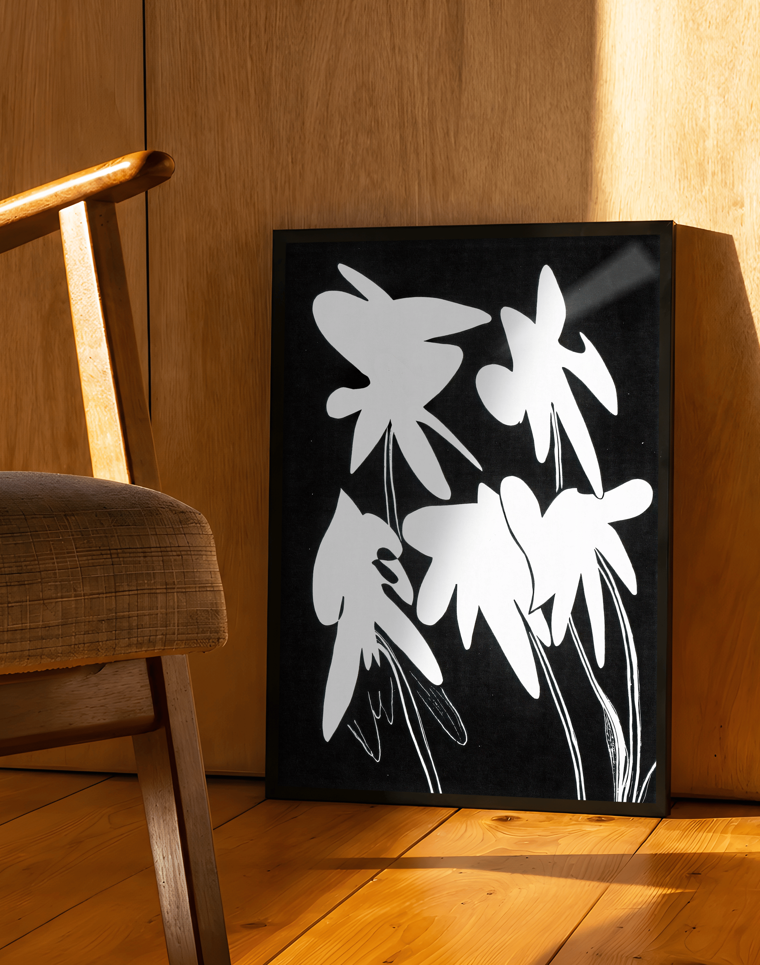 Echo Bloom Modern Duvar Tablosu – Siyah Beyaz Minimal Çiçek Poster