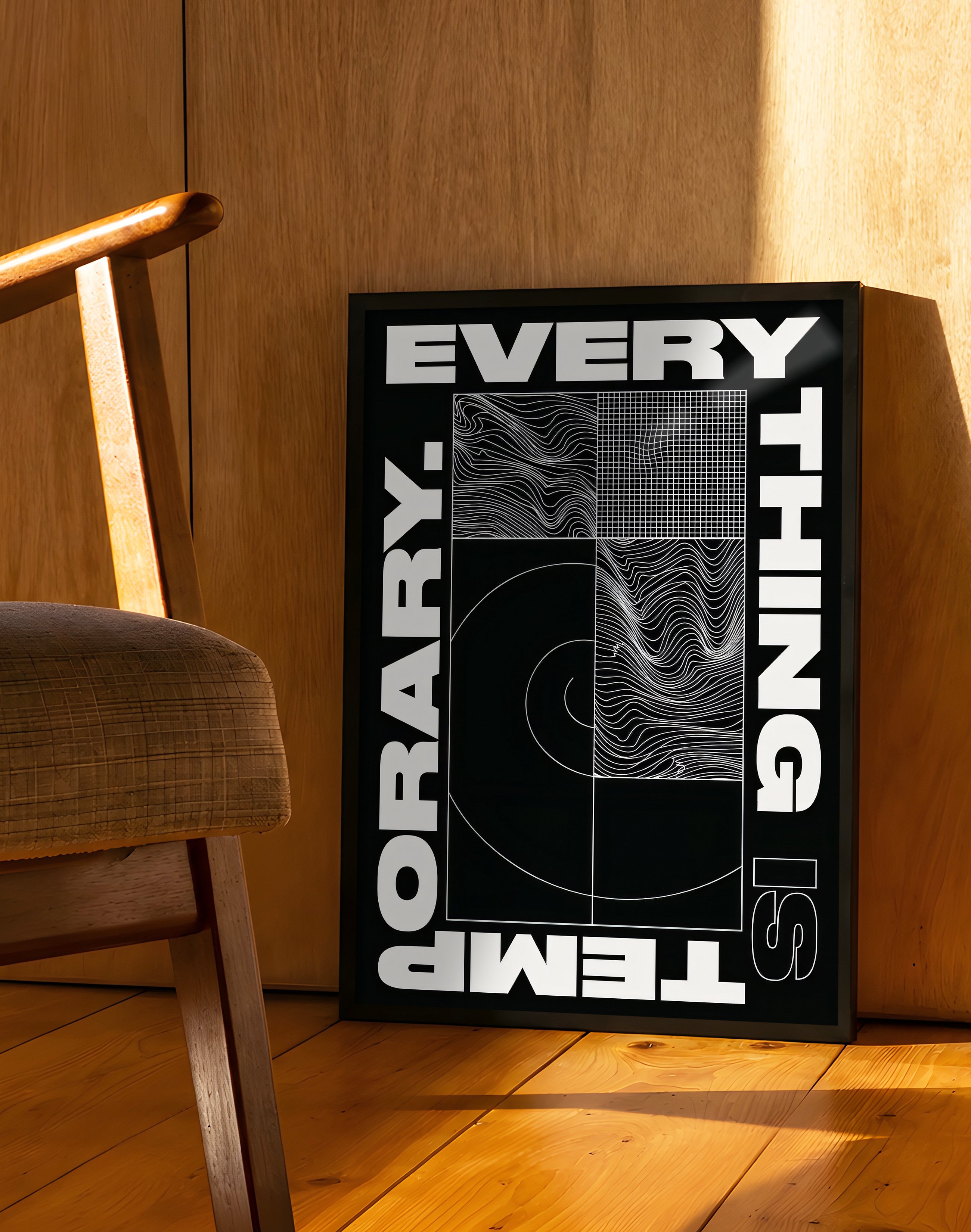 Everything Is Temporary Modern Duvar Tablosu – Siyah Beyaz Tipografik Abstract Poster