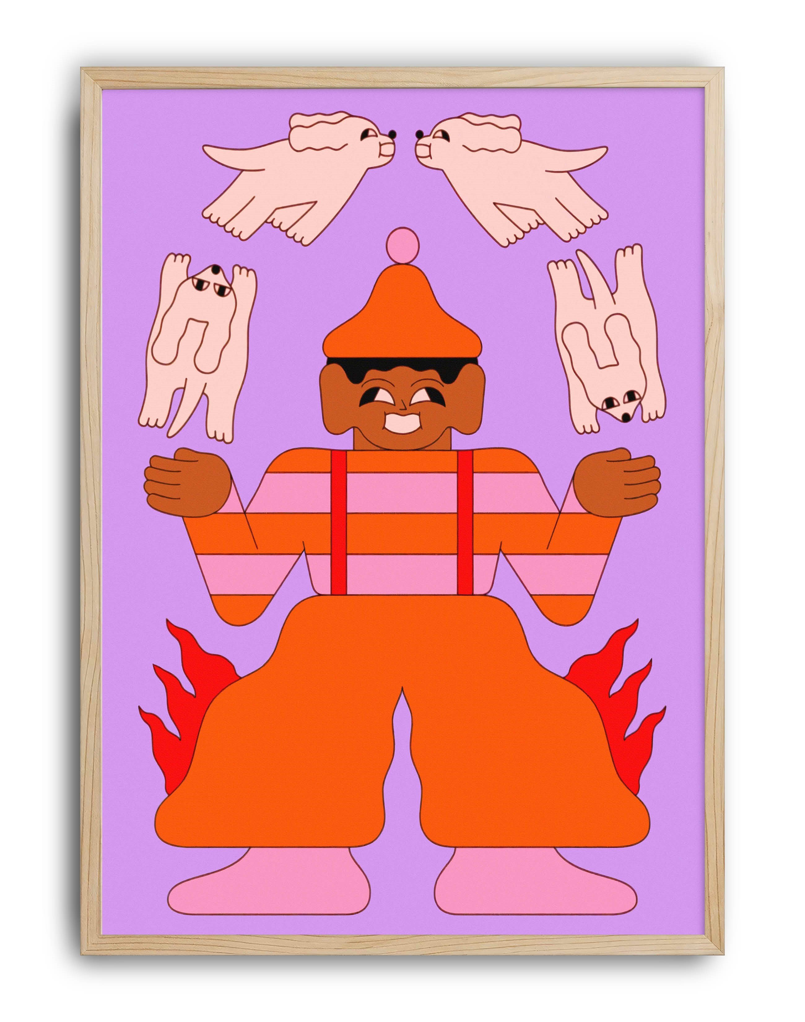 Flame Juggler Mor Turuncu Figüratif Duvar Tablosu - Mor Zeminli İllüstrasyon Poster