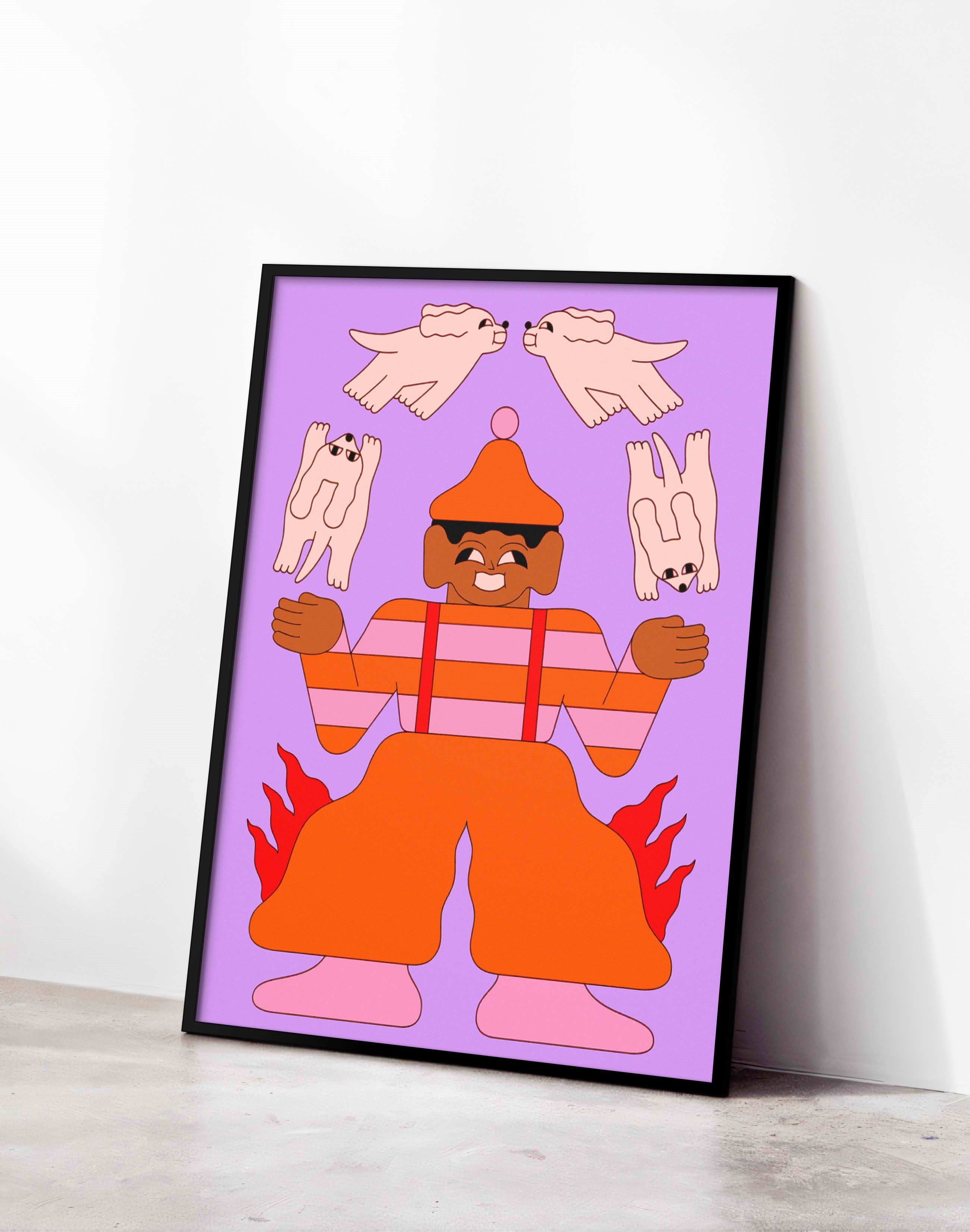 Flame Juggler Mor Turuncu Figüratif Duvar Tablosu - Mor Zeminli İllüstrasyon Poster