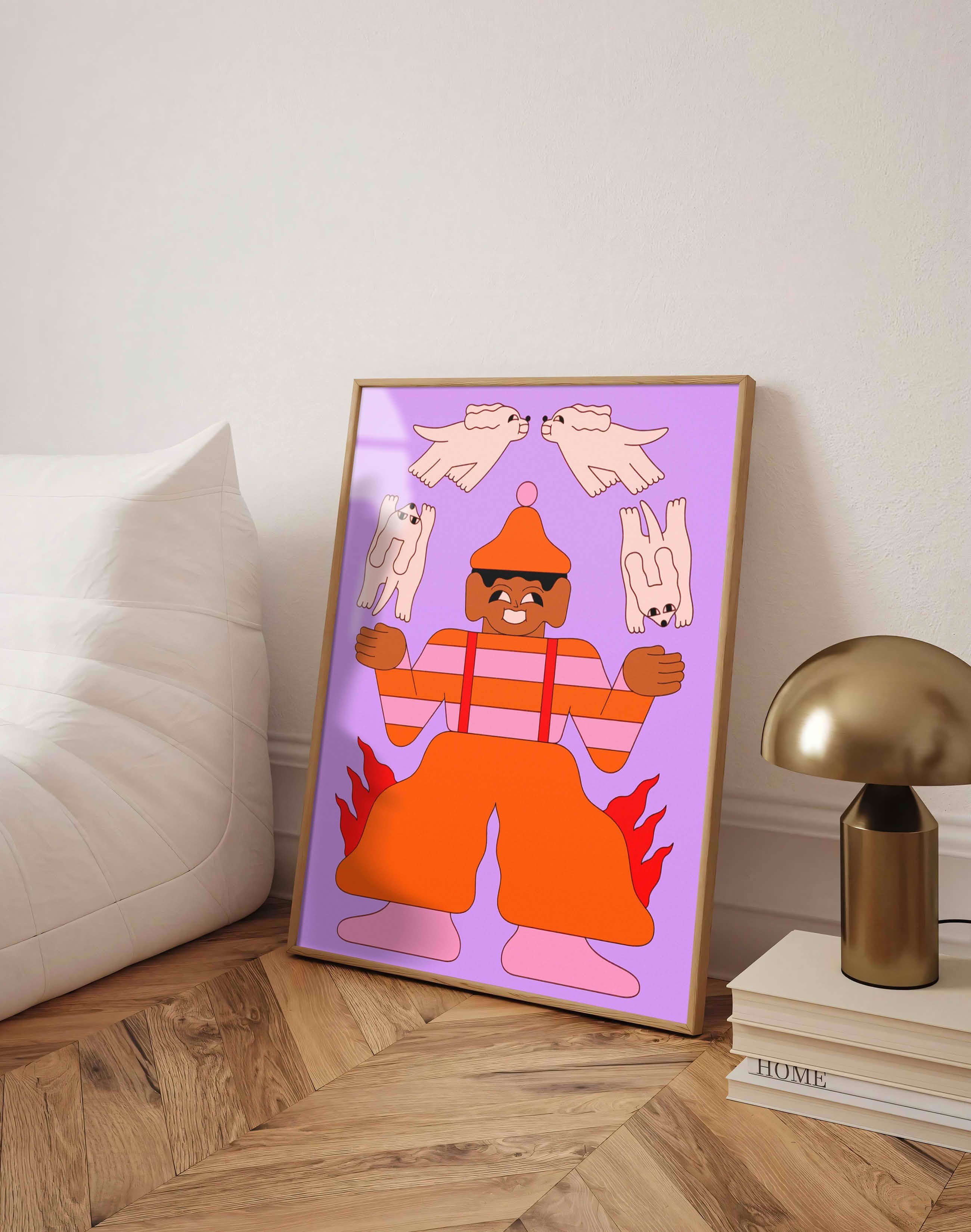 Flame Juggler Mor Turuncu Figüratif Duvar Tablosu - Mor Zeminli İllüstrasyon Poster
