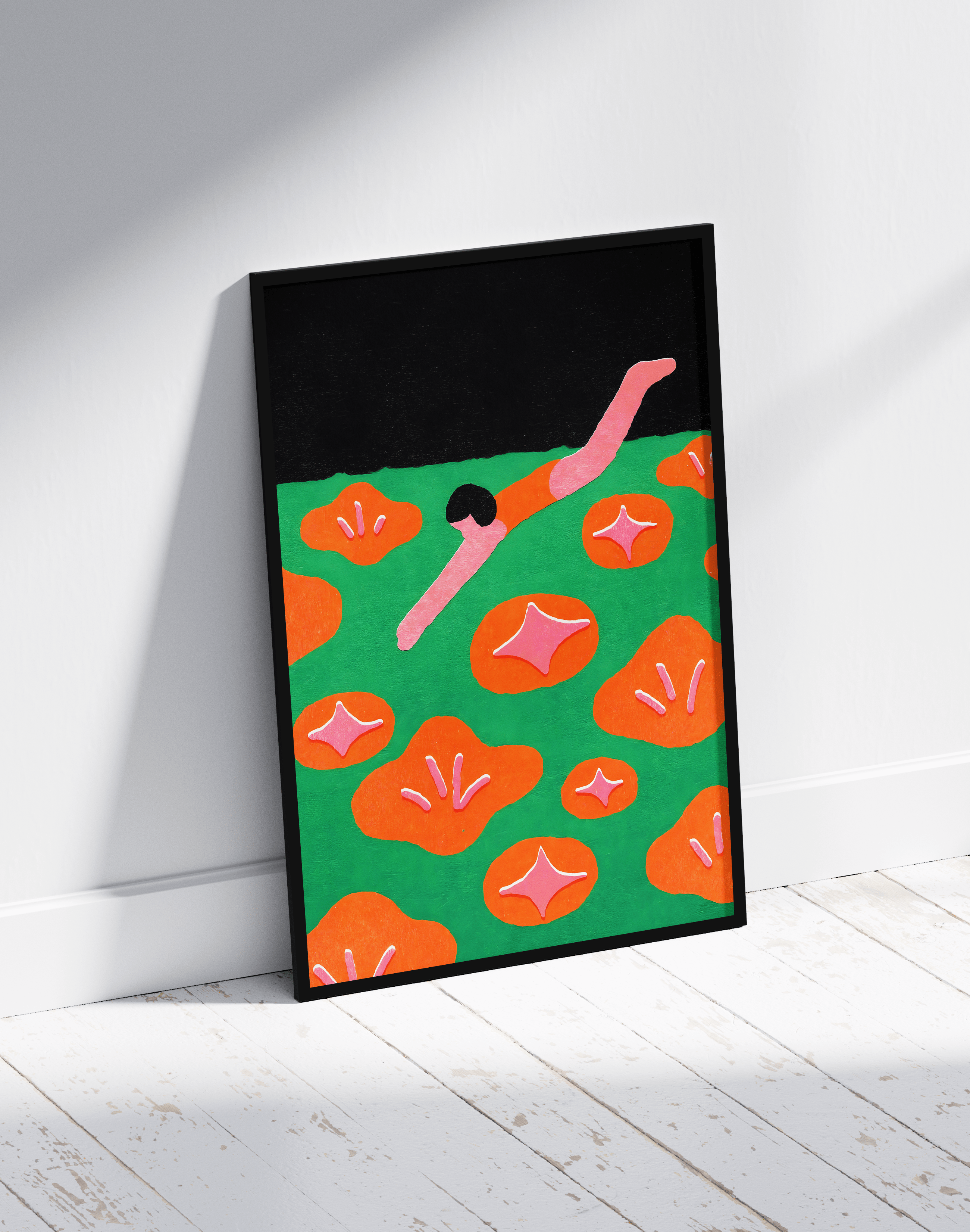 Flower Dive Modern Duvar Tablosu – Yeşil Turuncu Figüratif Poster