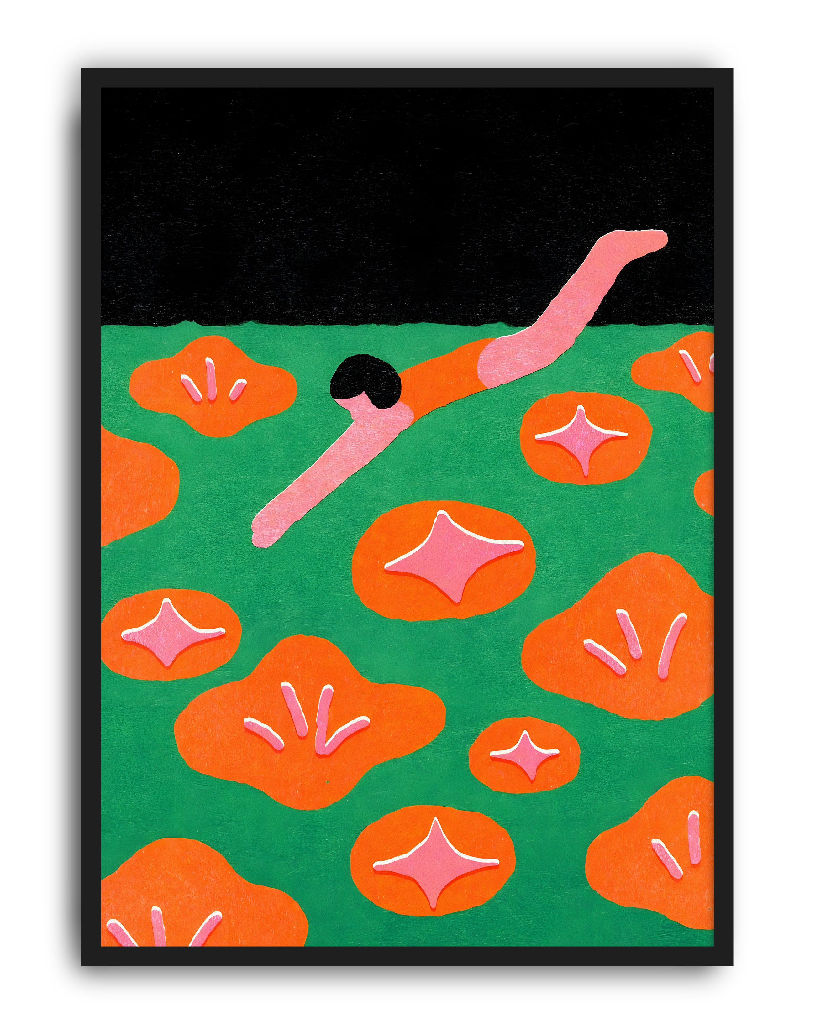 Flower Dive Modern Duvar Tablosu – Yeşil Turuncu Figüratif Poster