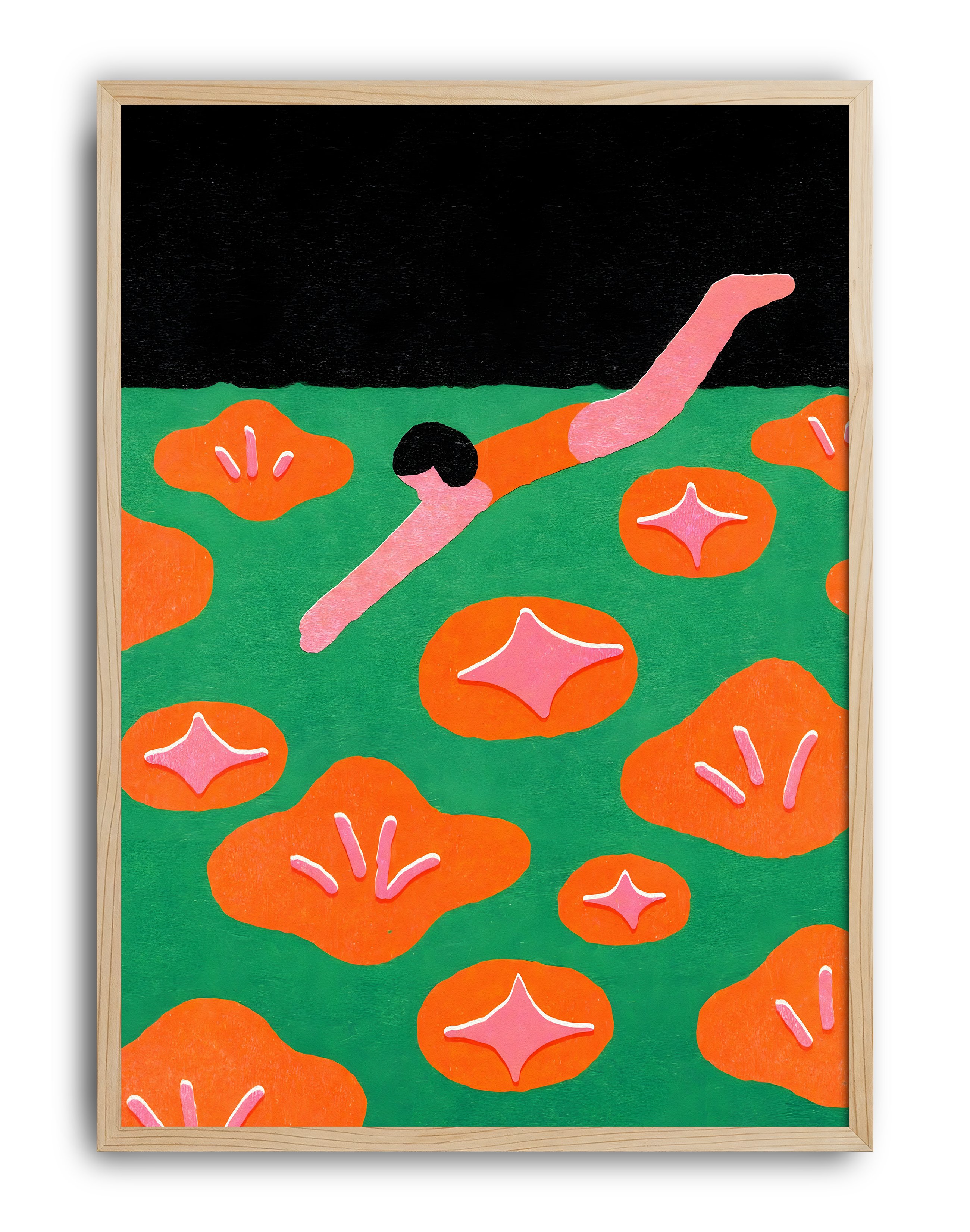 Flower Dive Modern Duvar Tablosu – Yeşil Turuncu Figüratif Poster