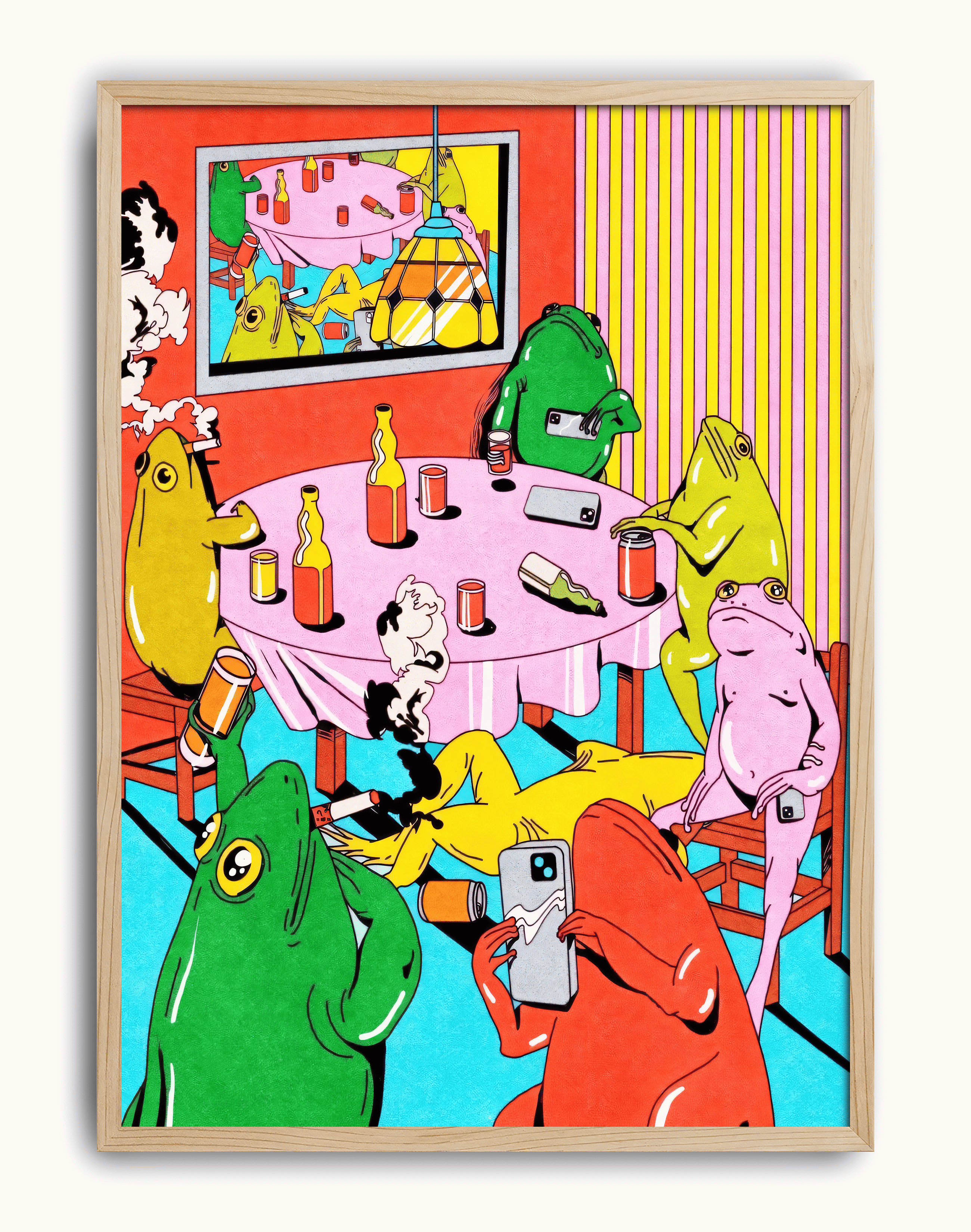 Frog Party Modern Duvar Tablosu – Renkli Sürreal Kurbağa Poster