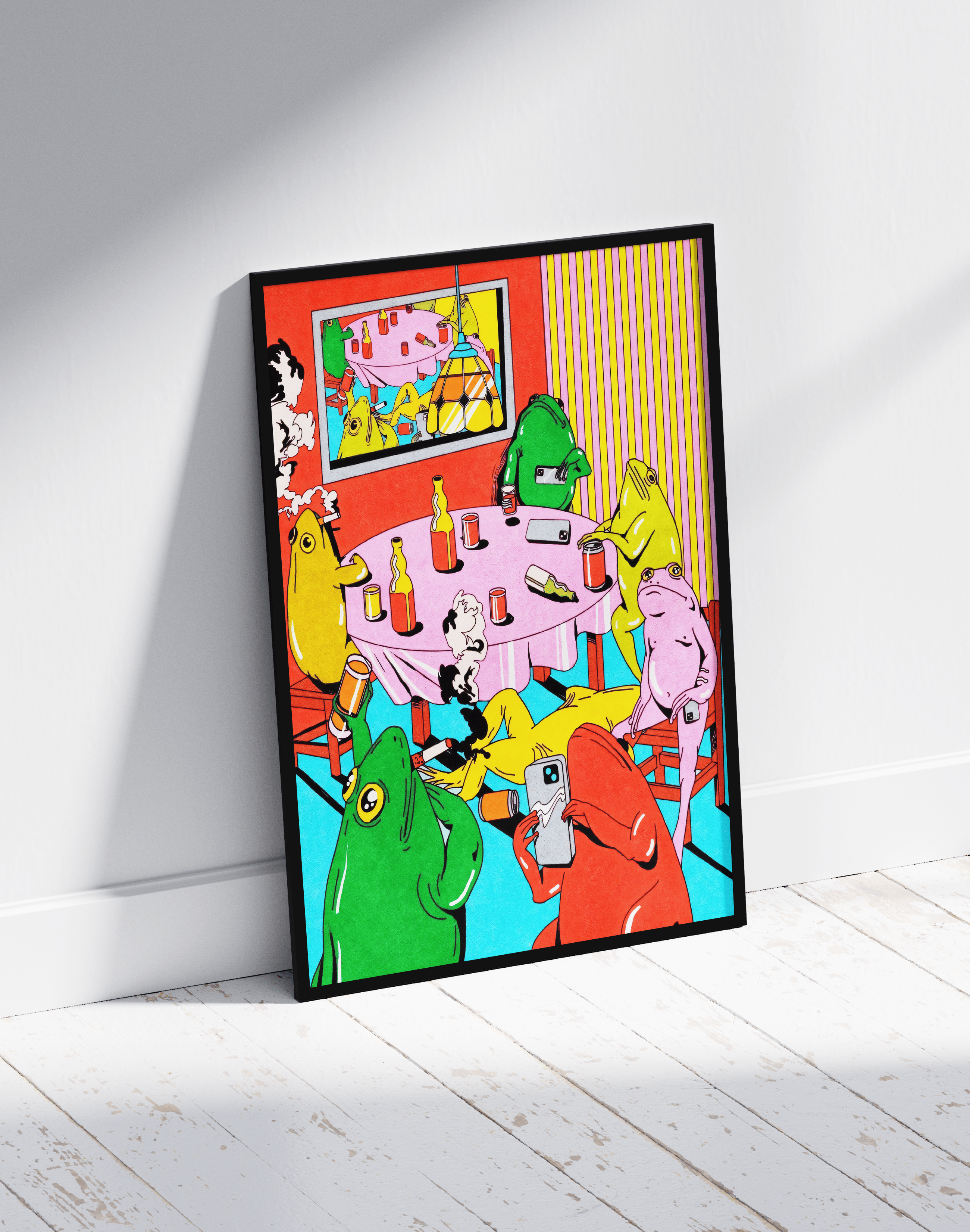 Frog Party Modern Duvar Tablosu – Renkli Sürreal Kurbağa Poster