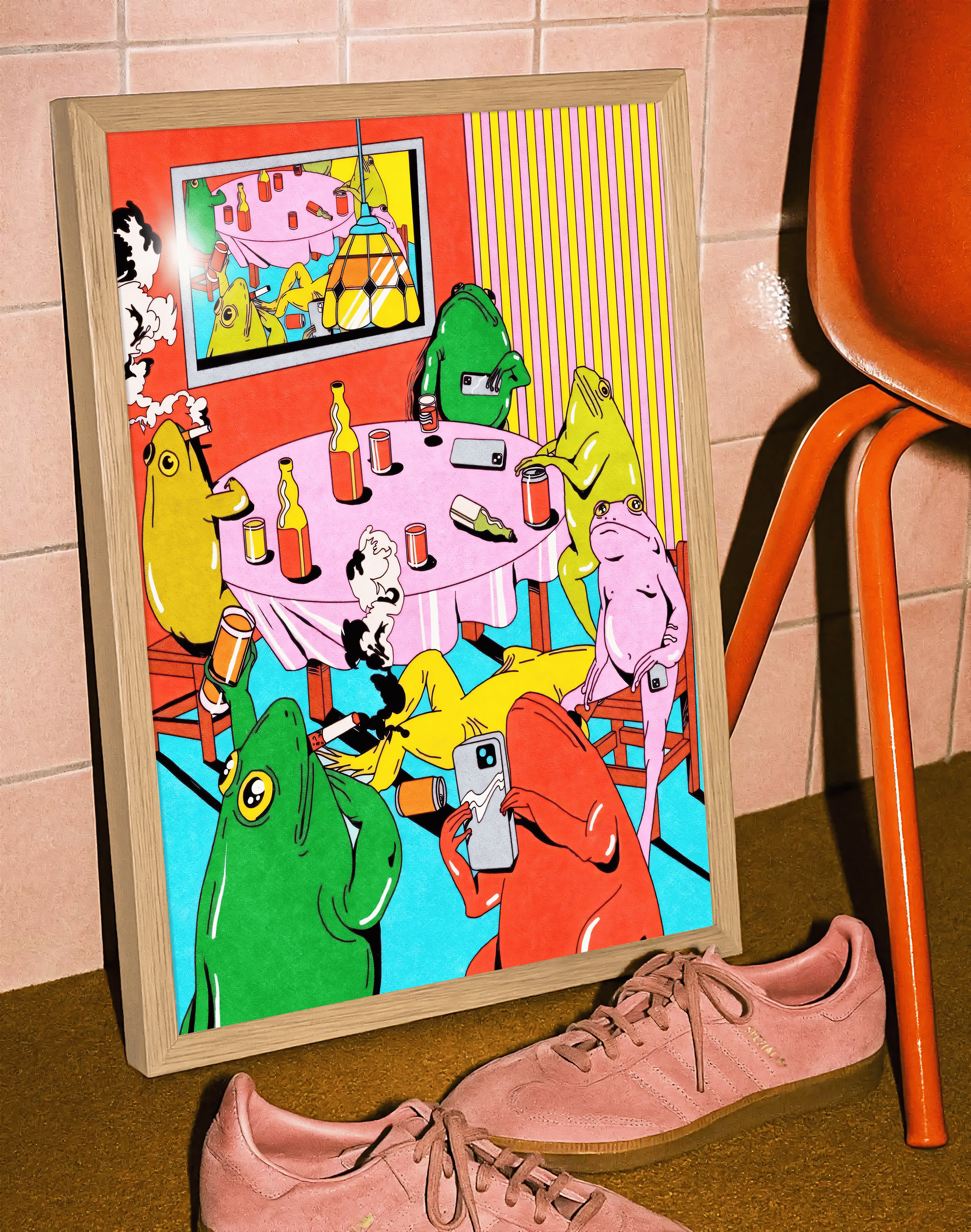 Frog Party Modern Duvar Tablosu – Renkli Sürreal Kurbağa Poster