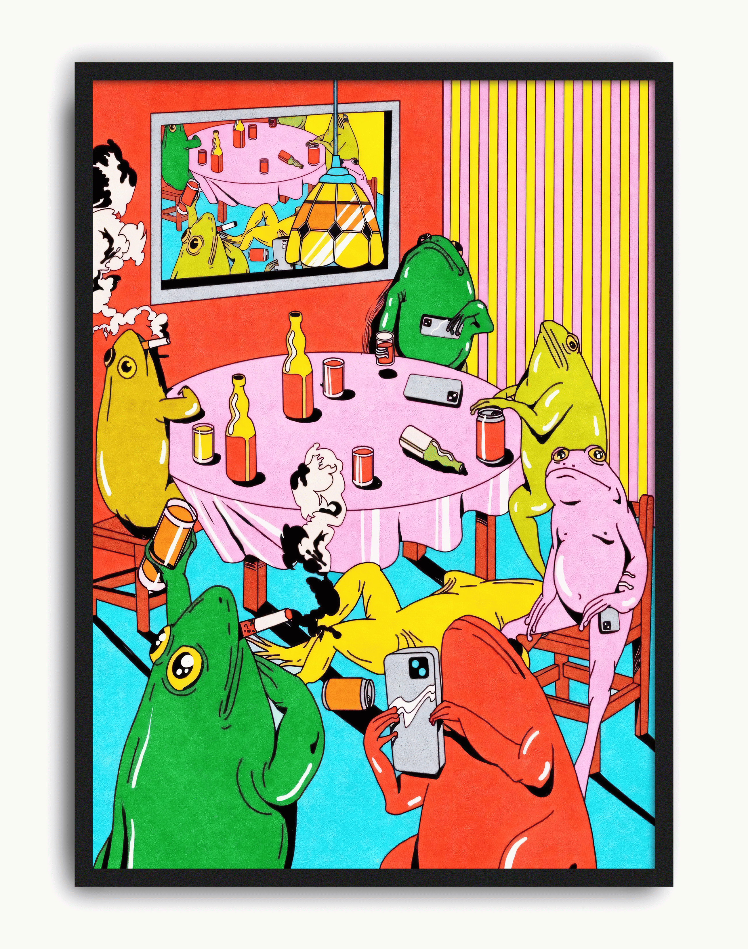 Frog Party Modern Duvar Tablosu – Renkli Sürreal Kurbağa Poster