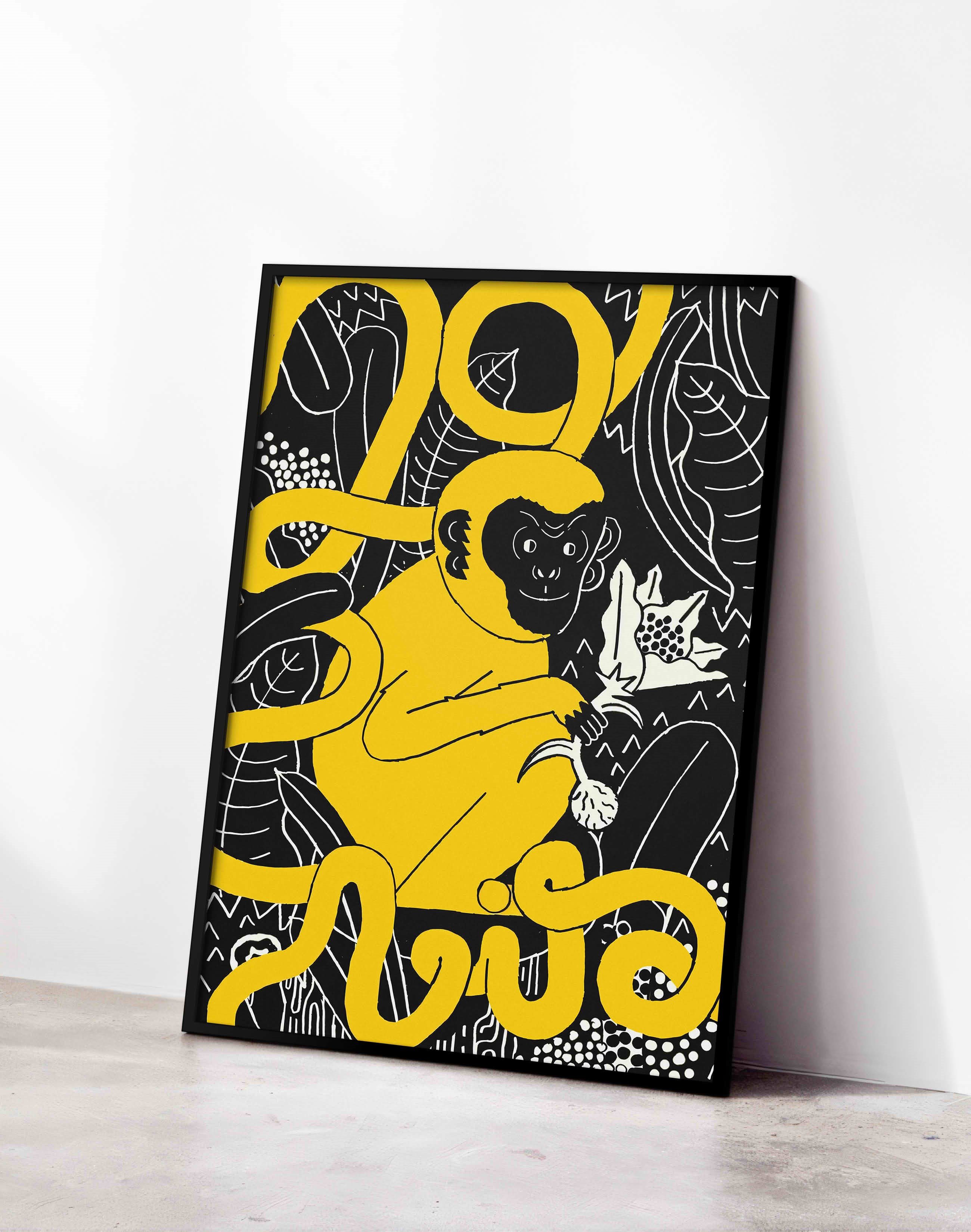 Golden Jungle Modern Duvar Tablosu - Sarı Siyah Maymun Figüratif Poster
