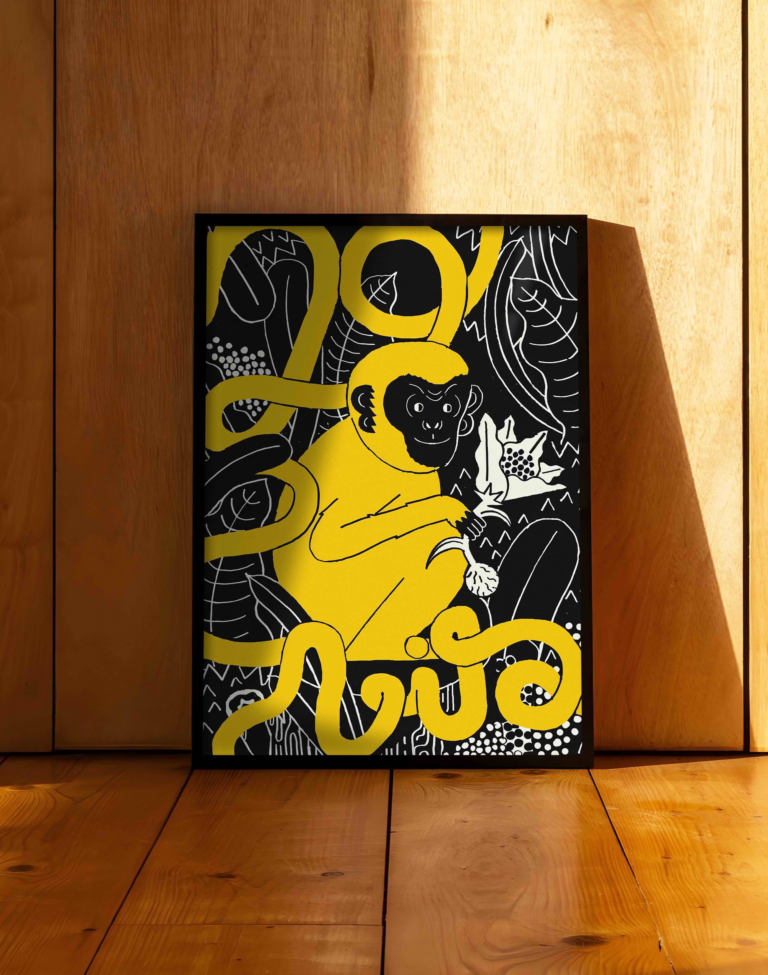 Golden Jungle Modern Duvar Tablosu - Sarı Siyah Maymun Figüratif Poster