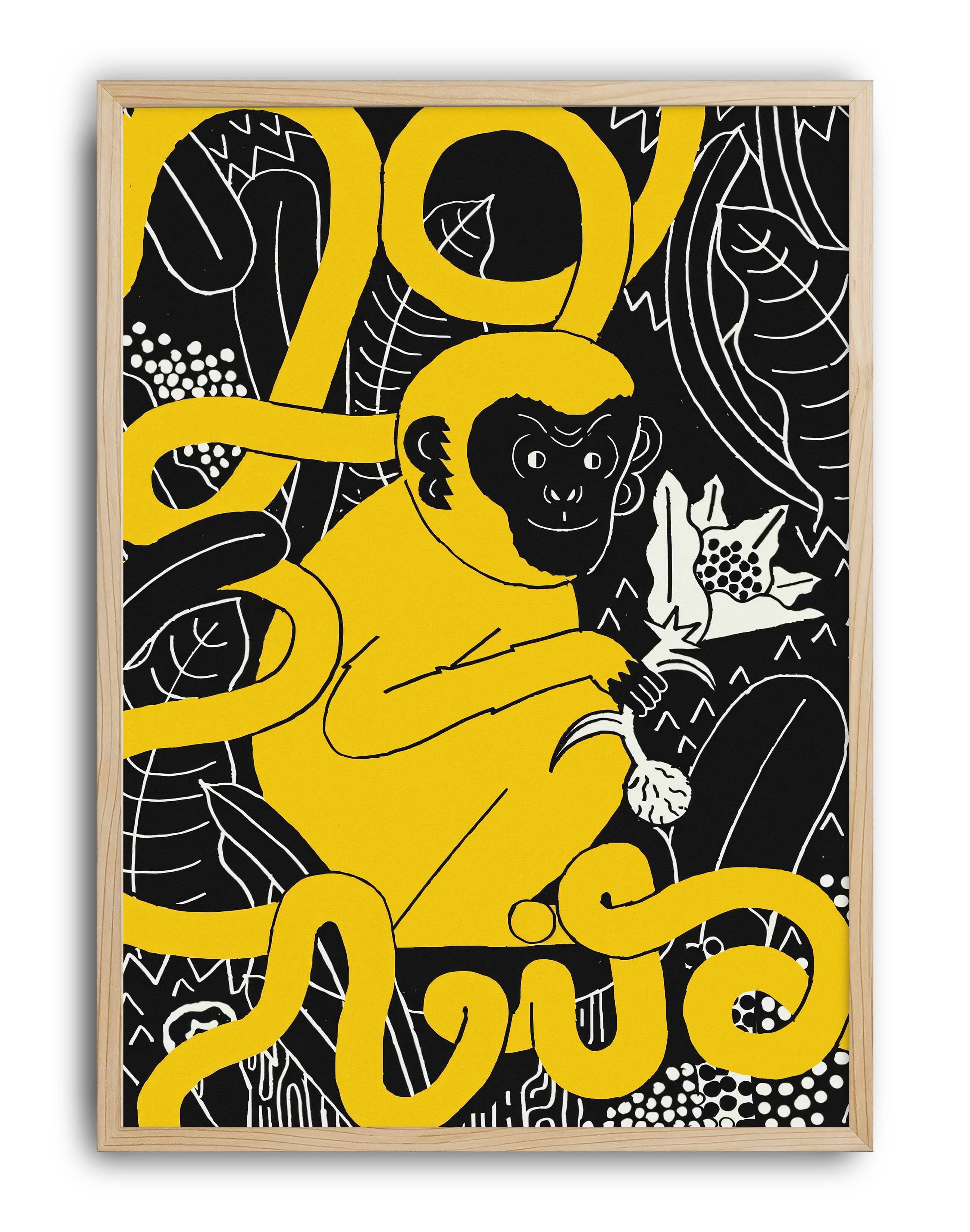 Golden Jungle Modern Duvar Tablosu - Sarı Siyah Maymun Figüratif Poster