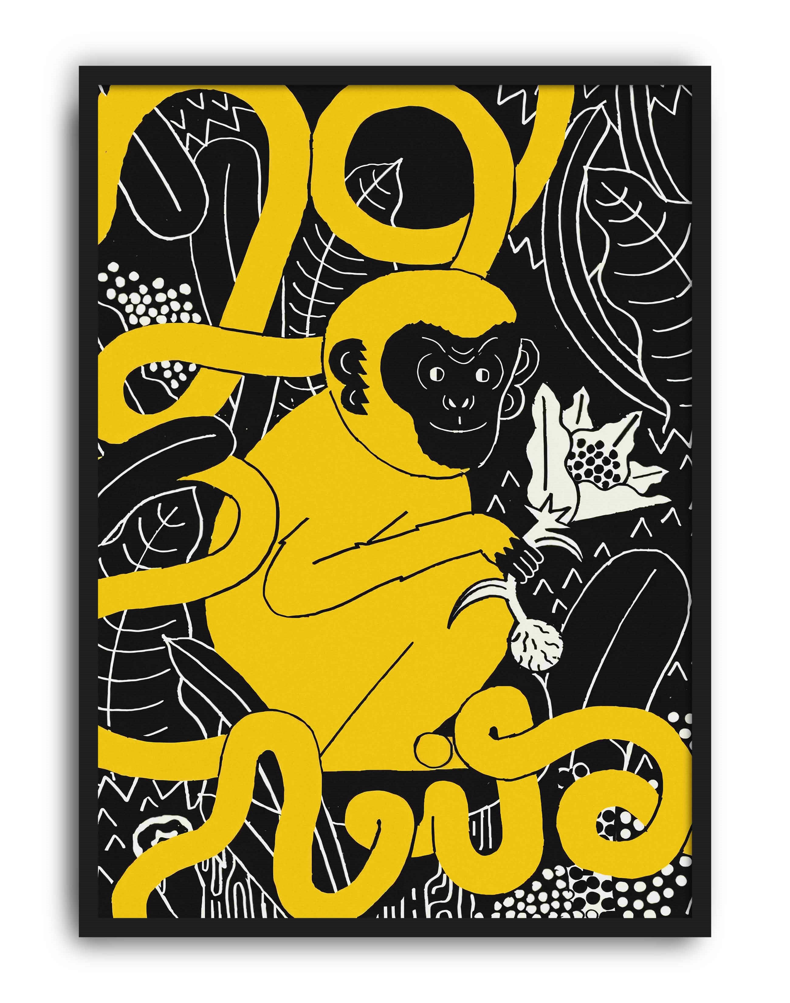 Golden Jungle Modern Duvar Tablosu - Sarı Siyah Maymun Figüratif Poster