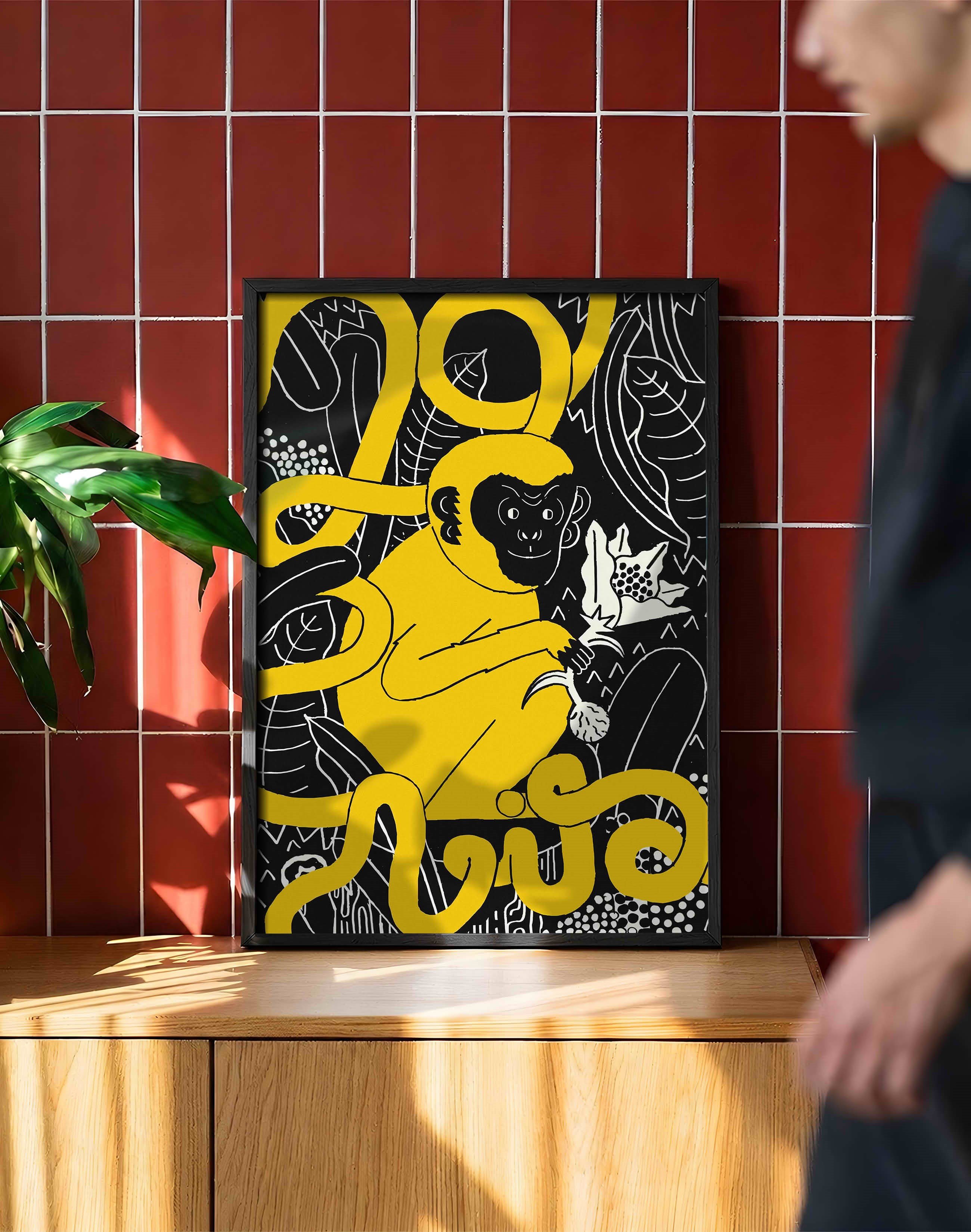 Golden Jungle Modern Duvar Tablosu - Sarı Siyah Maymun Figüratif Poster