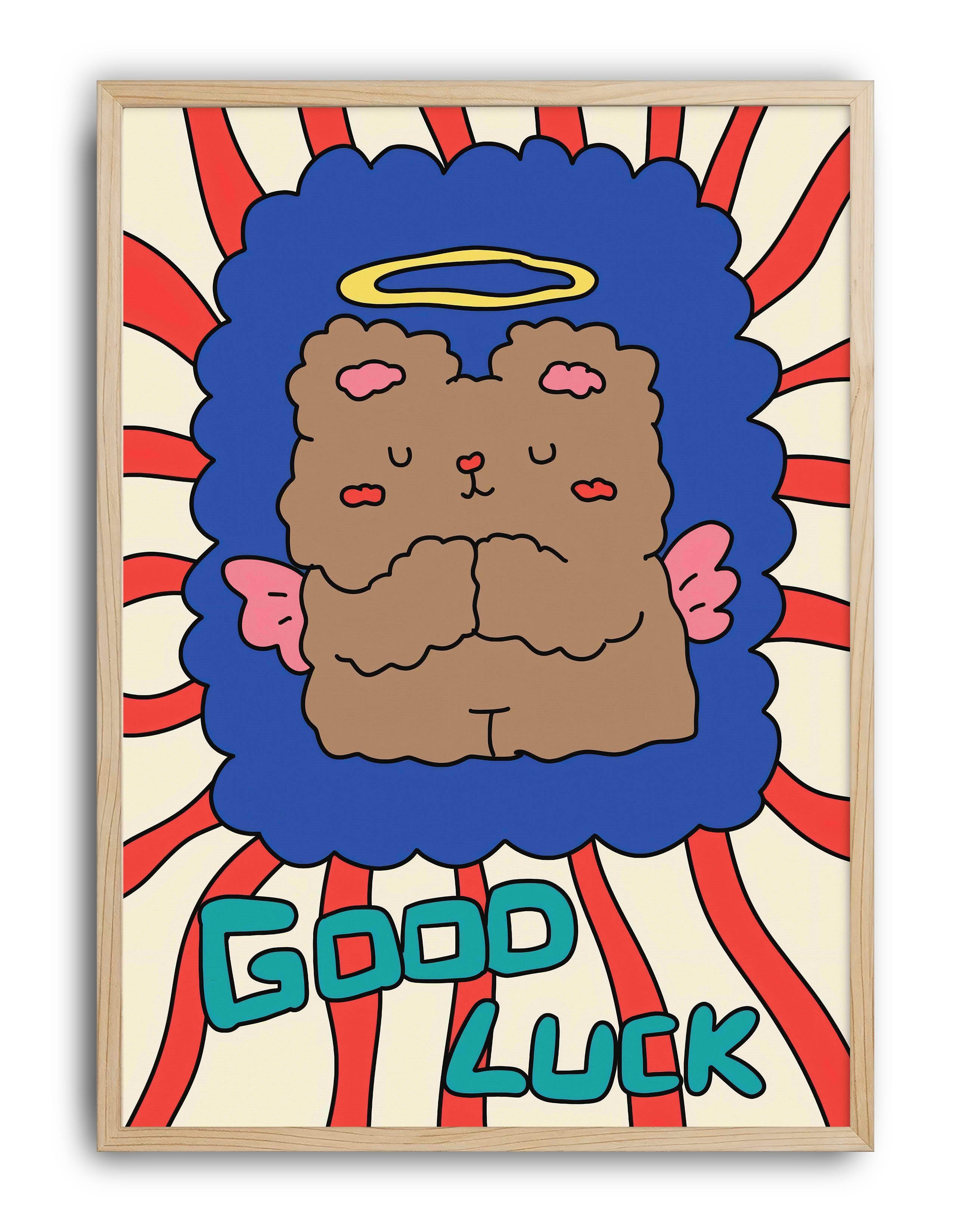 Good Luck Melek Ayıcık Modern Duvar Tablosu - Renkli Figüratif İllüstrasyon Poster
