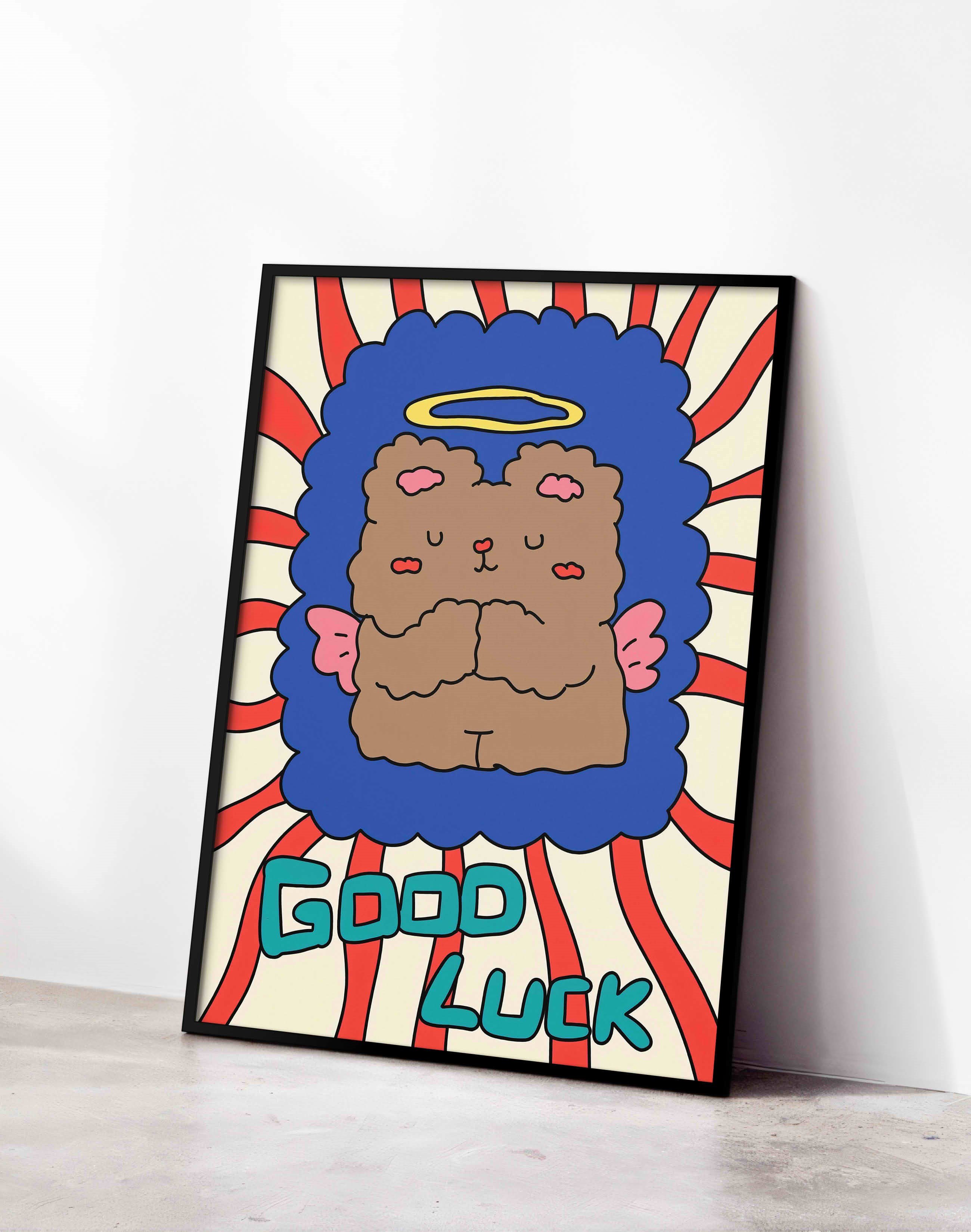 Good Luck Melek Ayıcık Modern Duvar Tablosu - Renkli Figüratif İllüstrasyon Poster