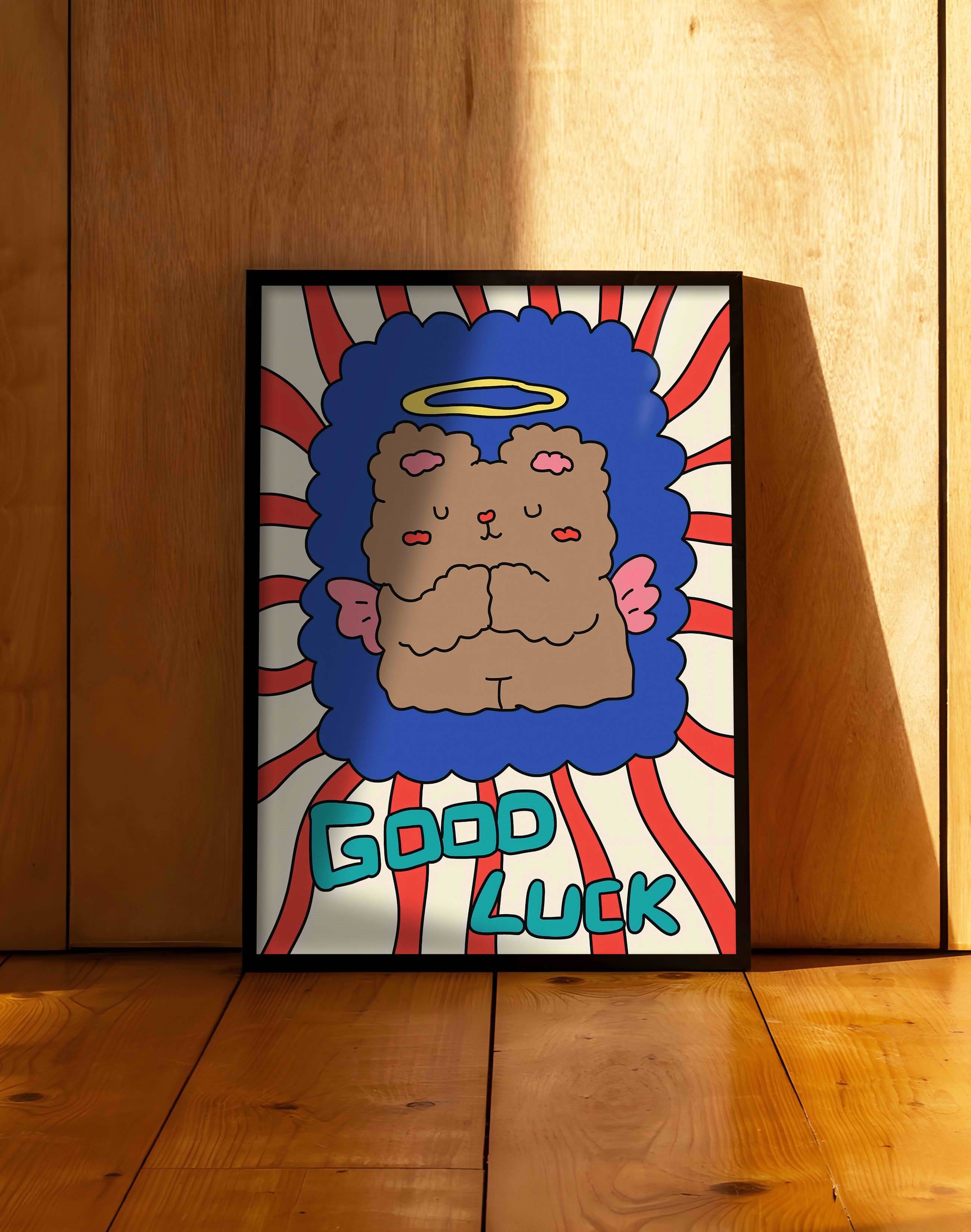 Good Luck Melek Ayıcık Modern Duvar Tablosu - Renkli Figüratif İllüstrasyon Poster