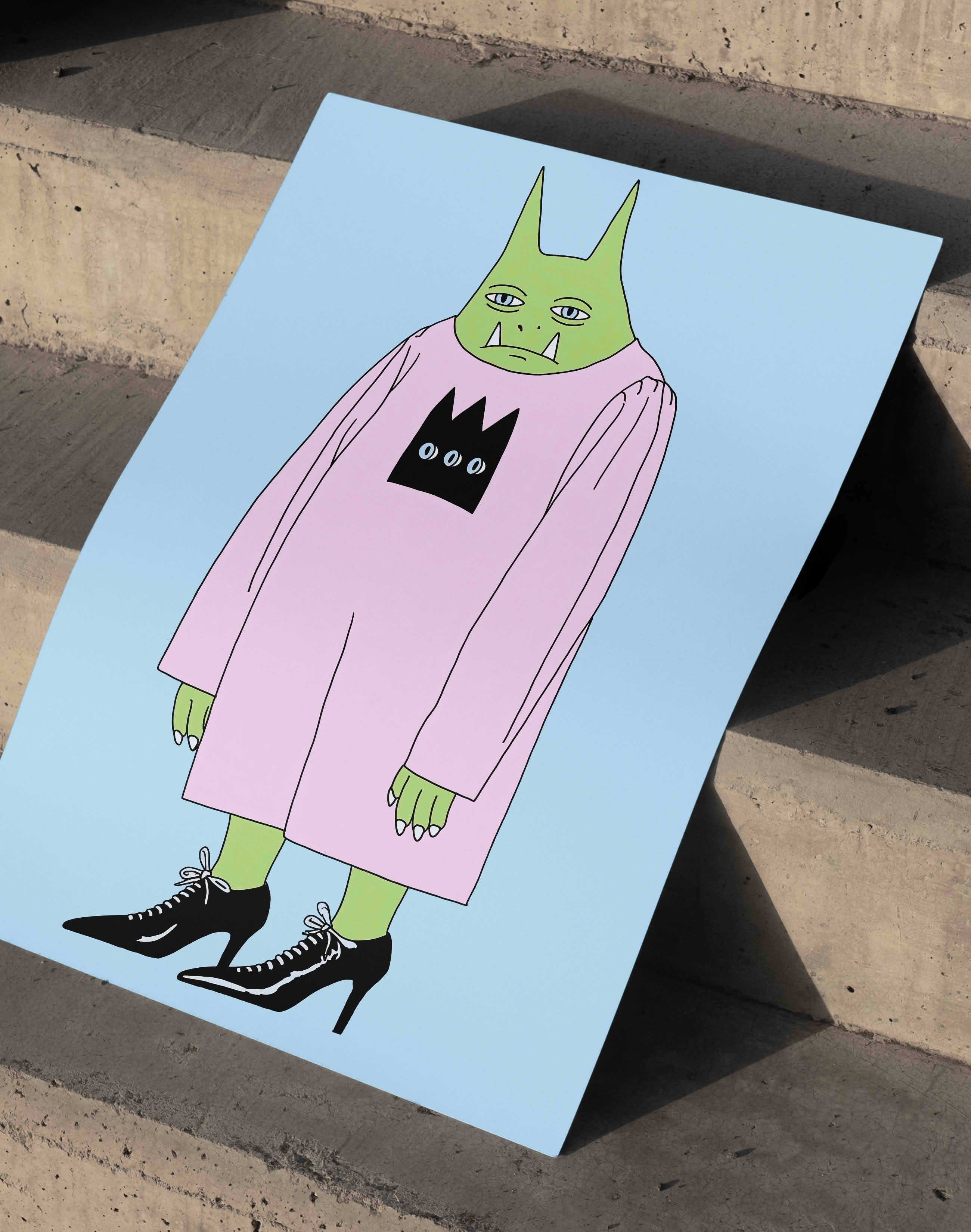 Green Fang Modern Duvar Tablosu - Pembe Elbiseli Figüratif Poster