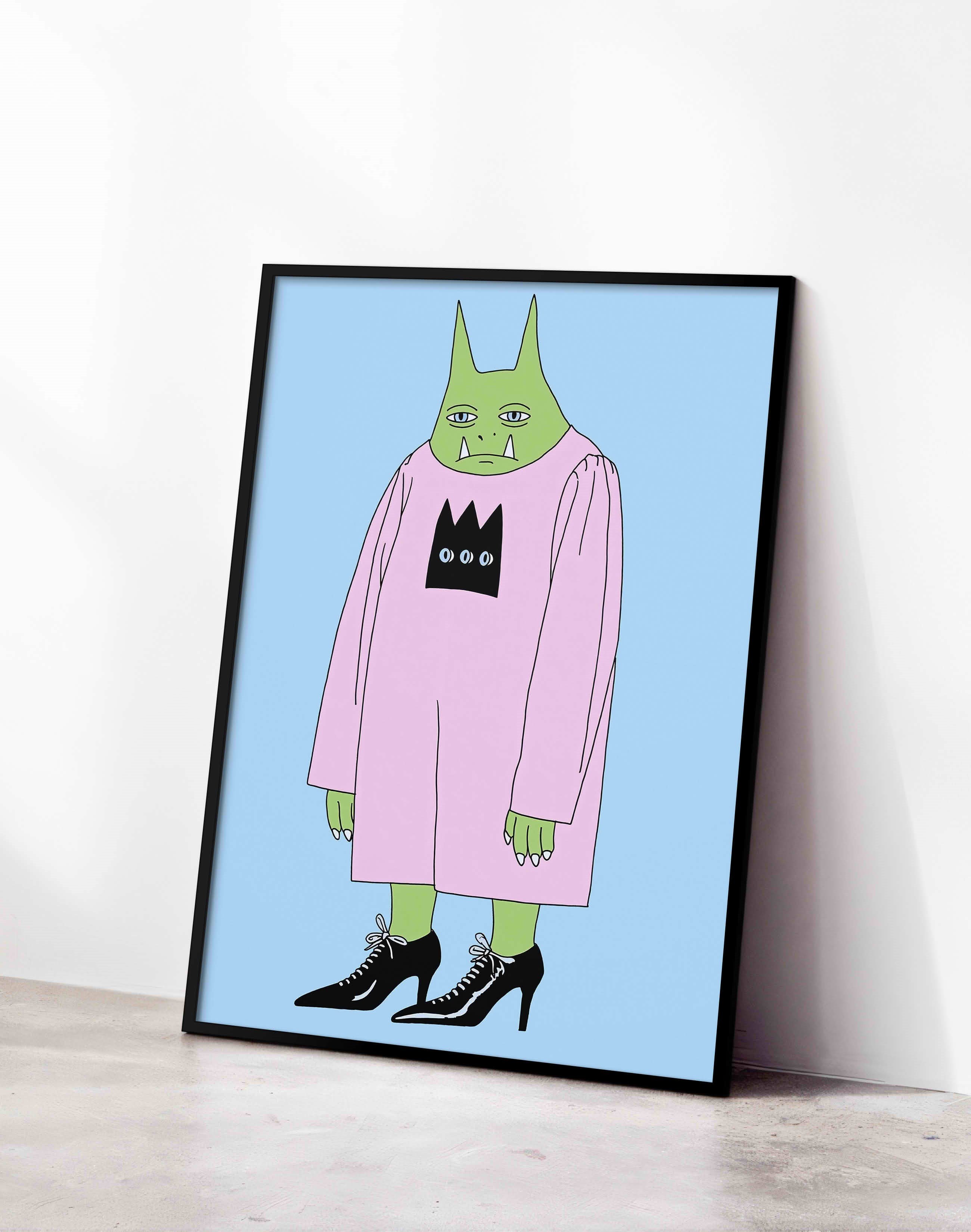 Green Fang Modern Duvar Tablosu - Pembe Elbiseli Figüratif Poster
