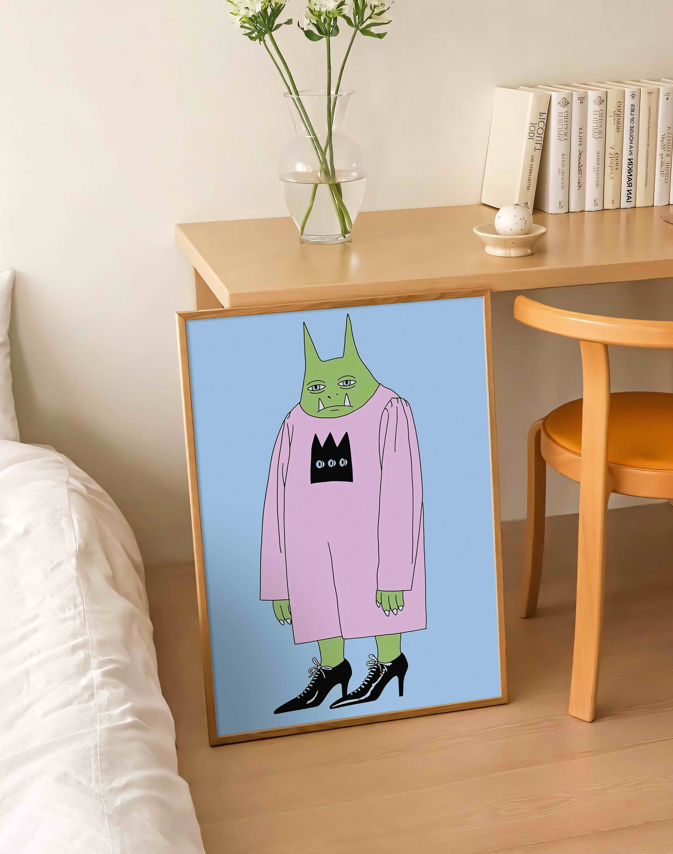 Green Fang Modern Duvar Tablosu - Pembe Elbiseli Figüratif Poster