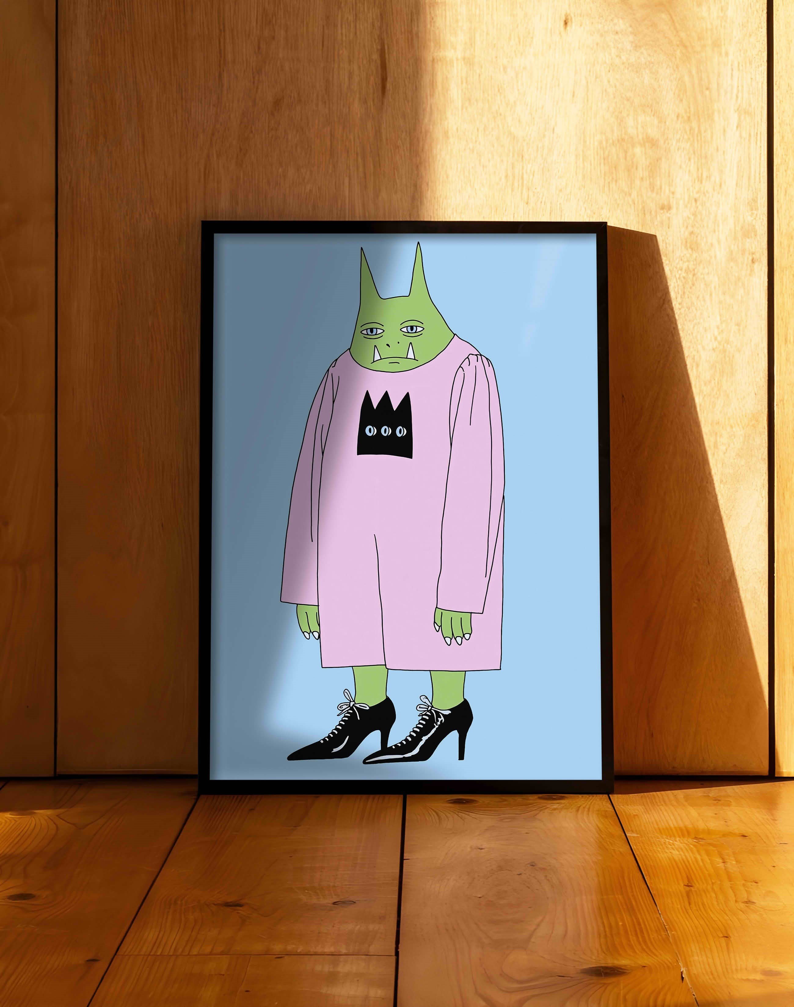 Green Fang Modern Duvar Tablosu - Pembe Elbiseli Figüratif Poster