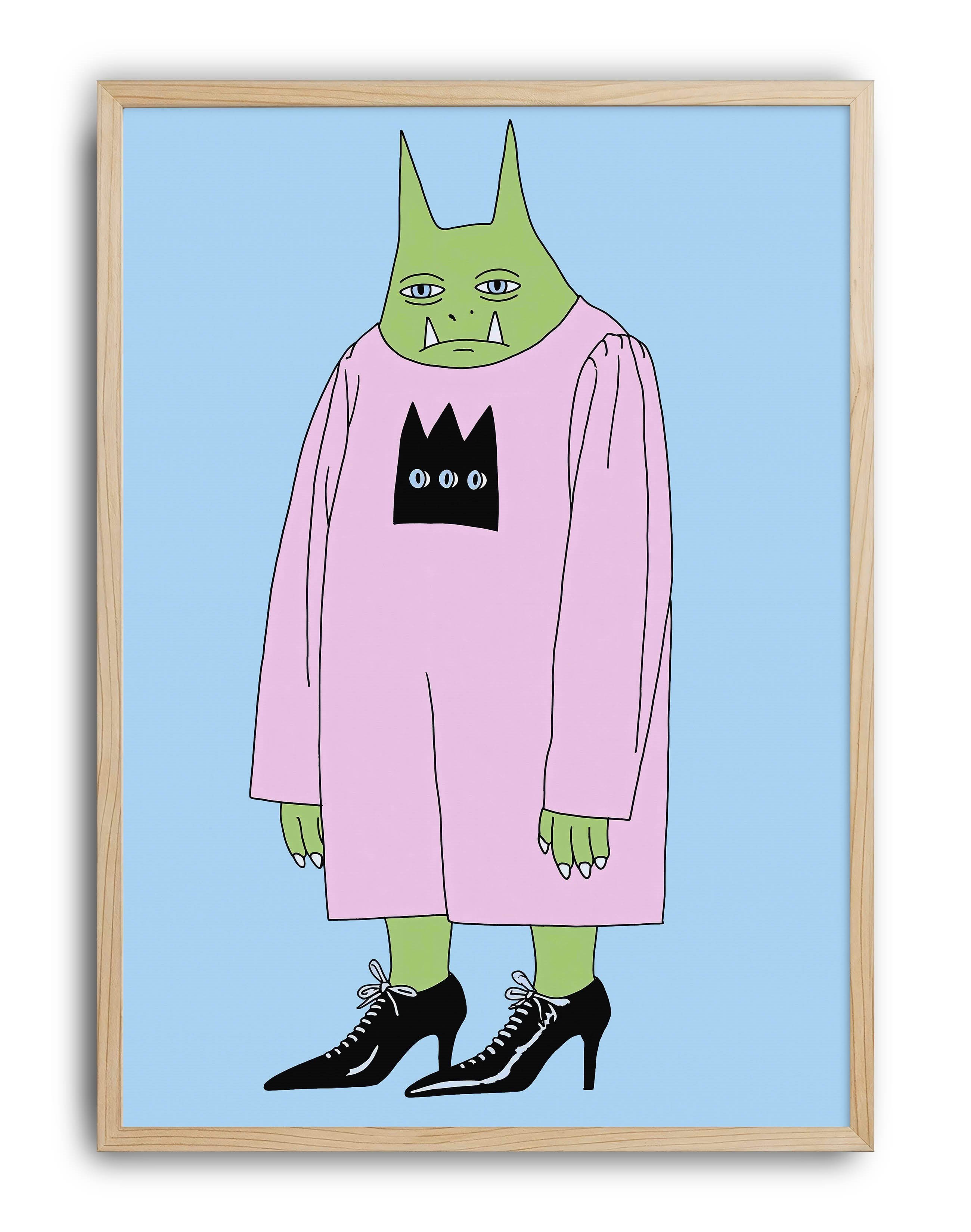 Green Fang Modern Duvar Tablosu - Pembe Elbiseli Figüratif Poster