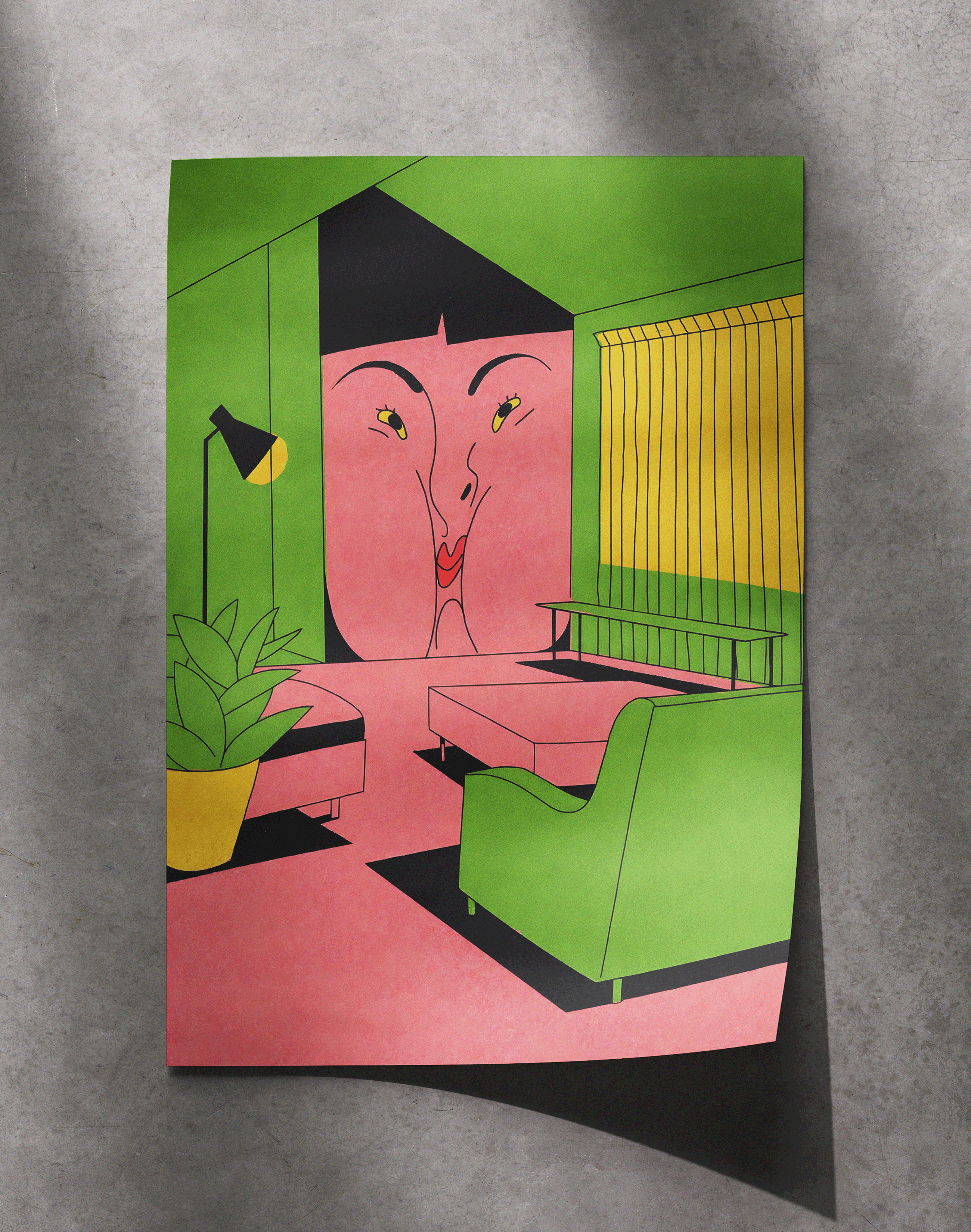 Green Room Modern Duvar Tablosu – Yeşil Pembe Figüratif Poster