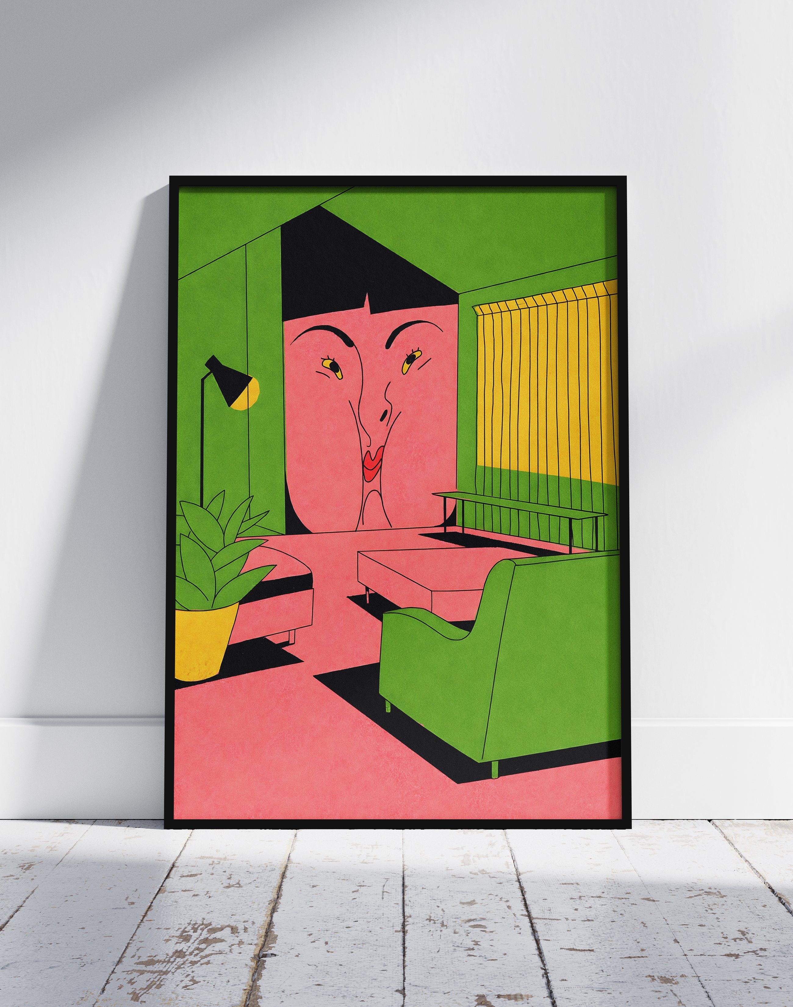 Green Room Modern Duvar Tablosu – Yeşil Pembe Figüratif Poster