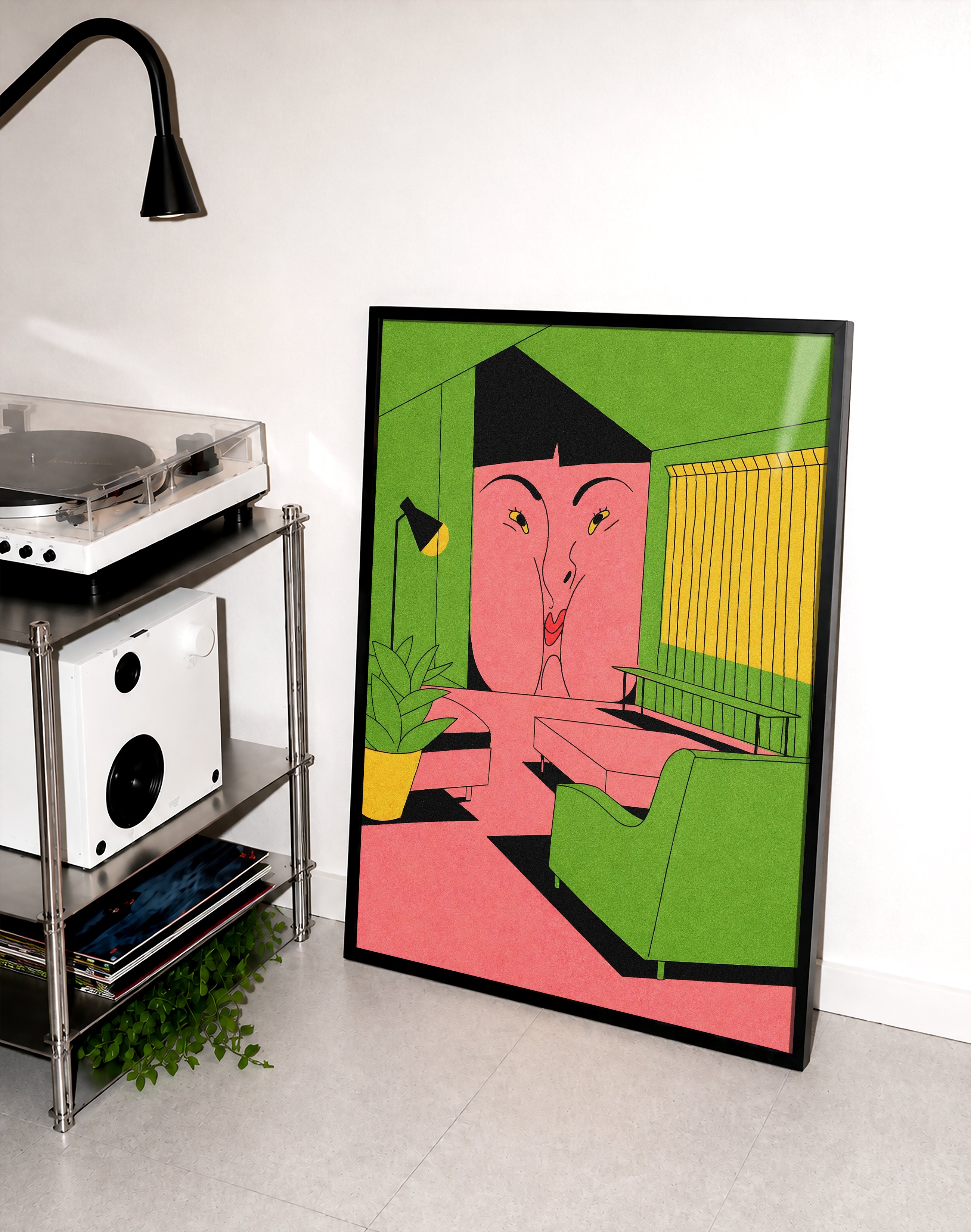 Green Room Modern Duvar Tablosu – Yeşil Pembe Figüratif Poster