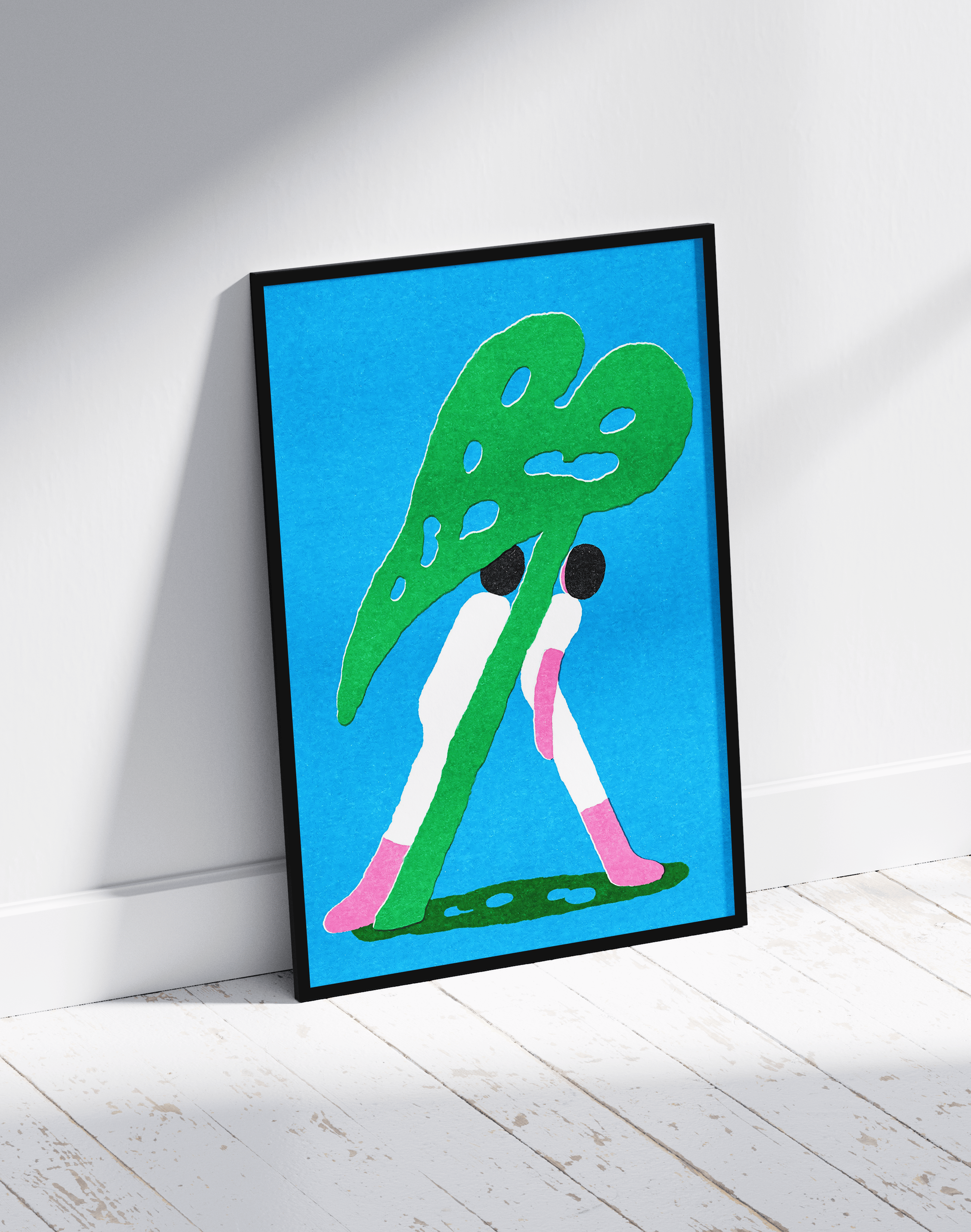 Green Stride Modern Duvar Tablosu – Mavi Zeminli Sürreal Yürüyen Form Poster