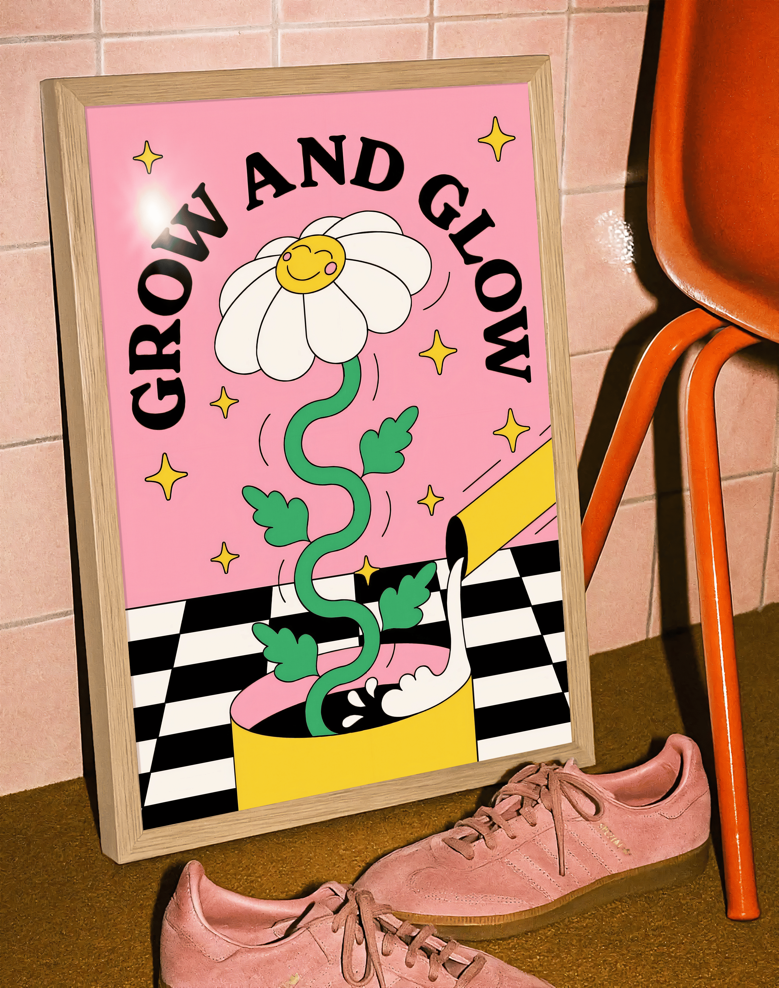 Grow And Glow Modern Duvar Tablosu – Pembe Çiçek İllüstrasyon Poster