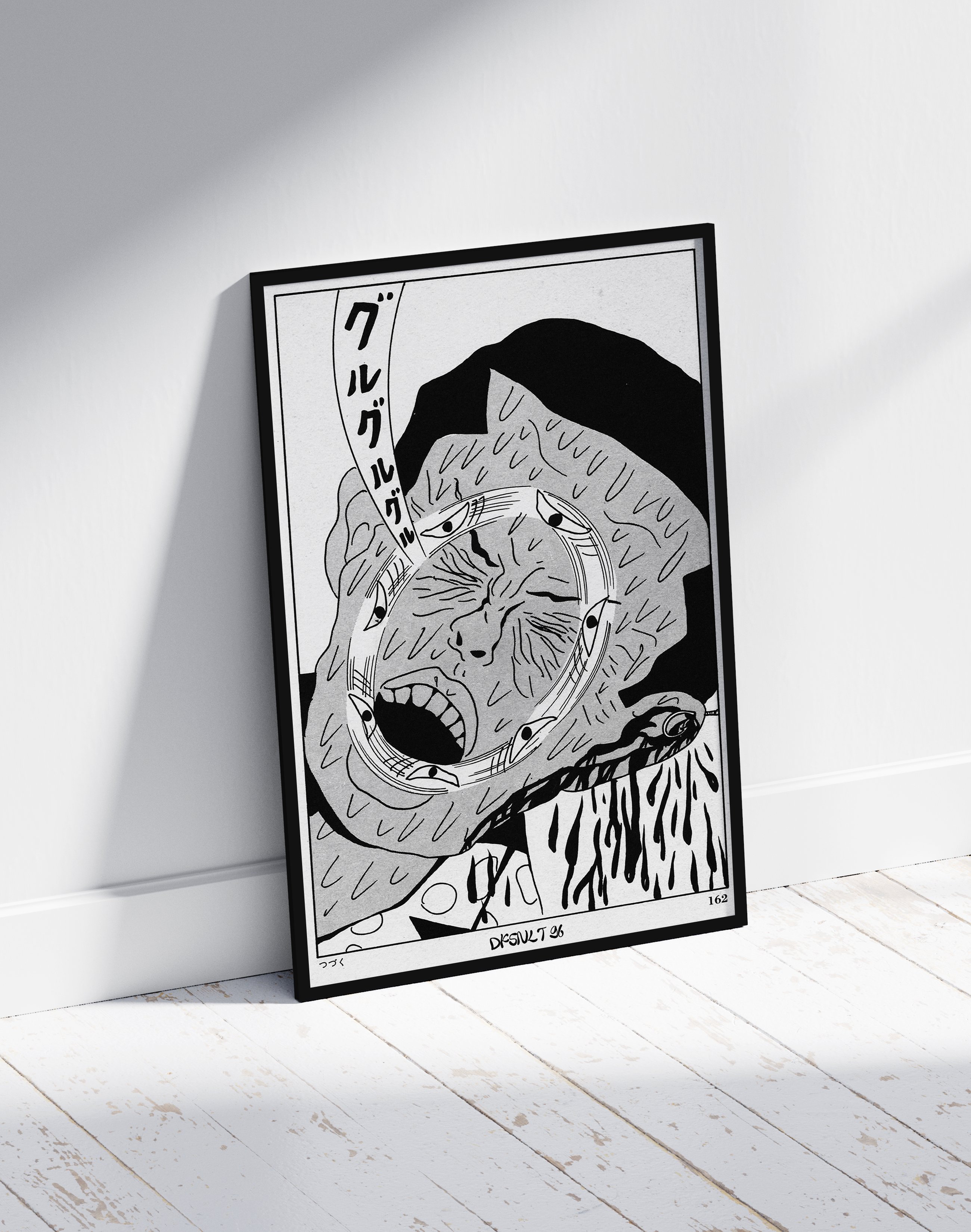 Guruguru Neko Modern Duvar Tablosu – Siyah Beyaz Japon Kedi Poster