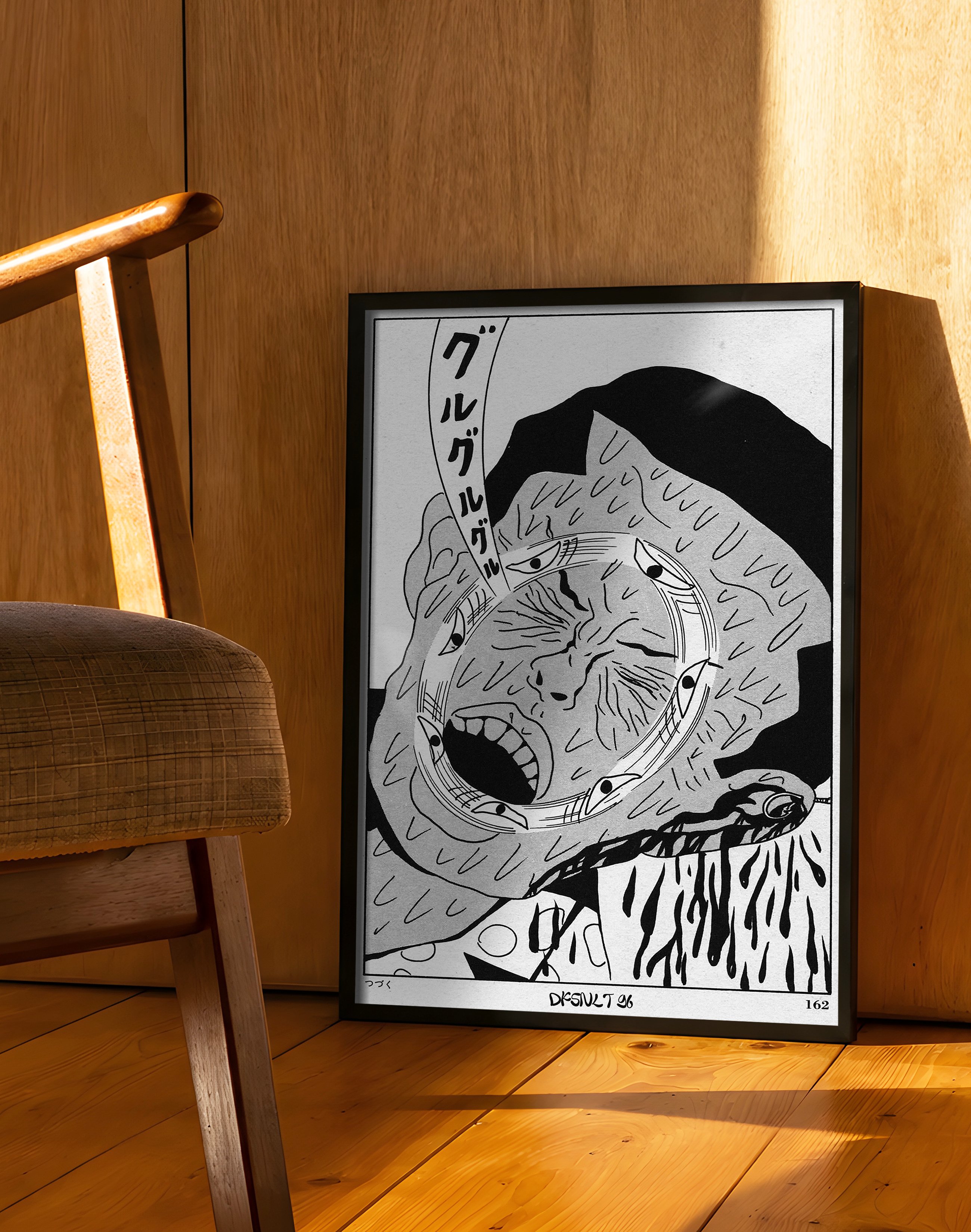 Guruguru Neko Modern Duvar Tablosu – Siyah Beyaz Japon Kedi Poster