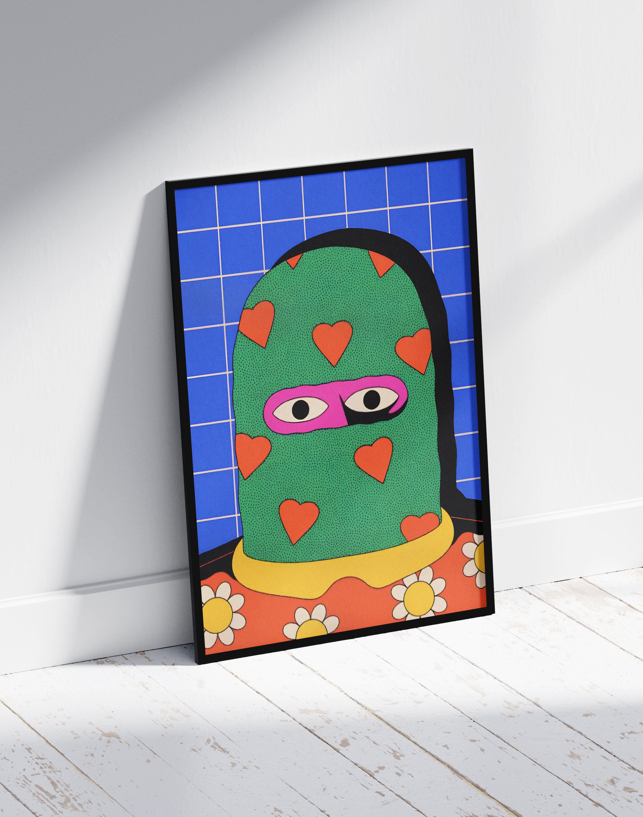 Heart Mask Modern Duvar Tablosu – Yeşil Mavi Renkli Figüratif Poster