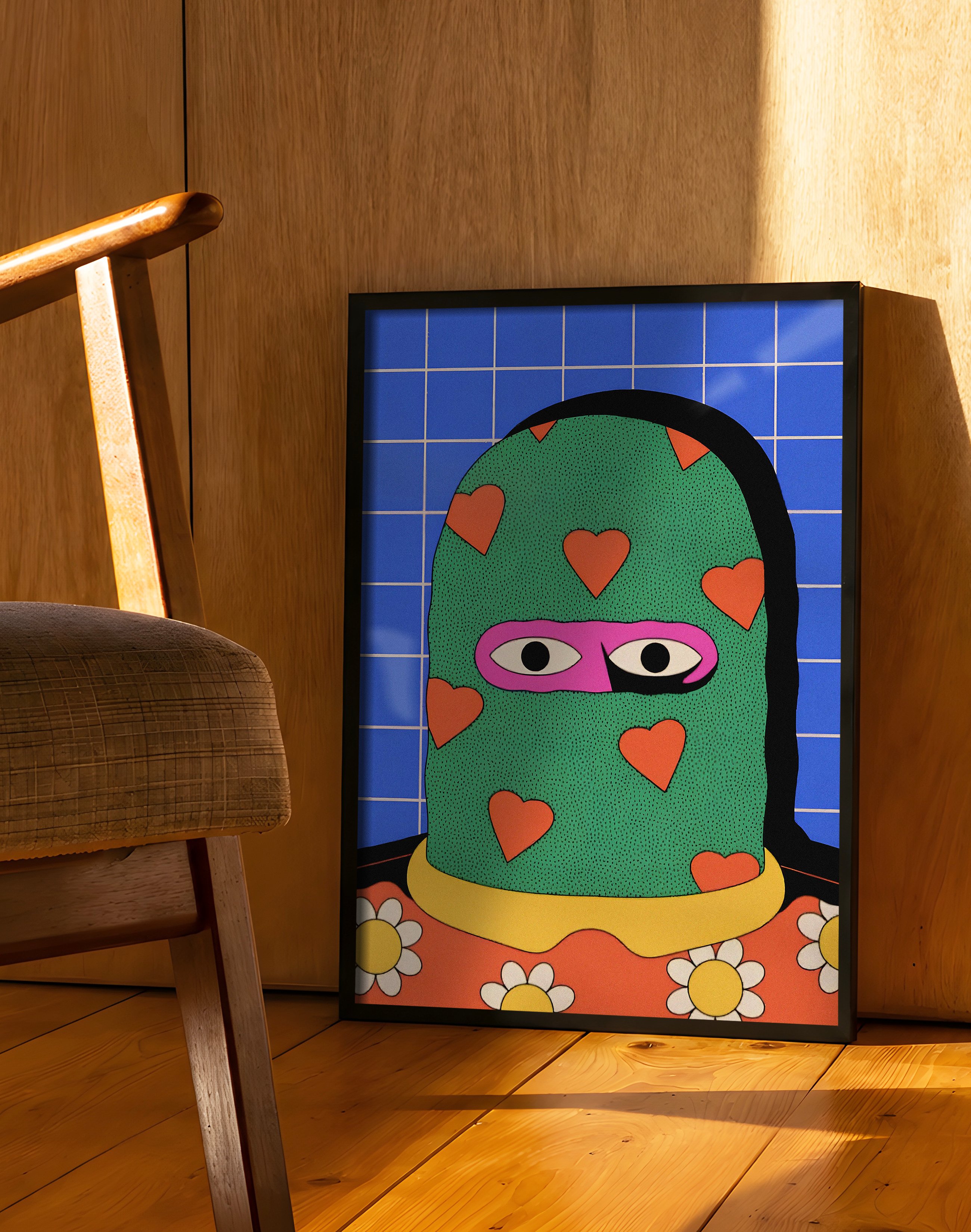 Heart Mask Modern Duvar Tablosu – Yeşil Mavi Renkli Figüratif Poster