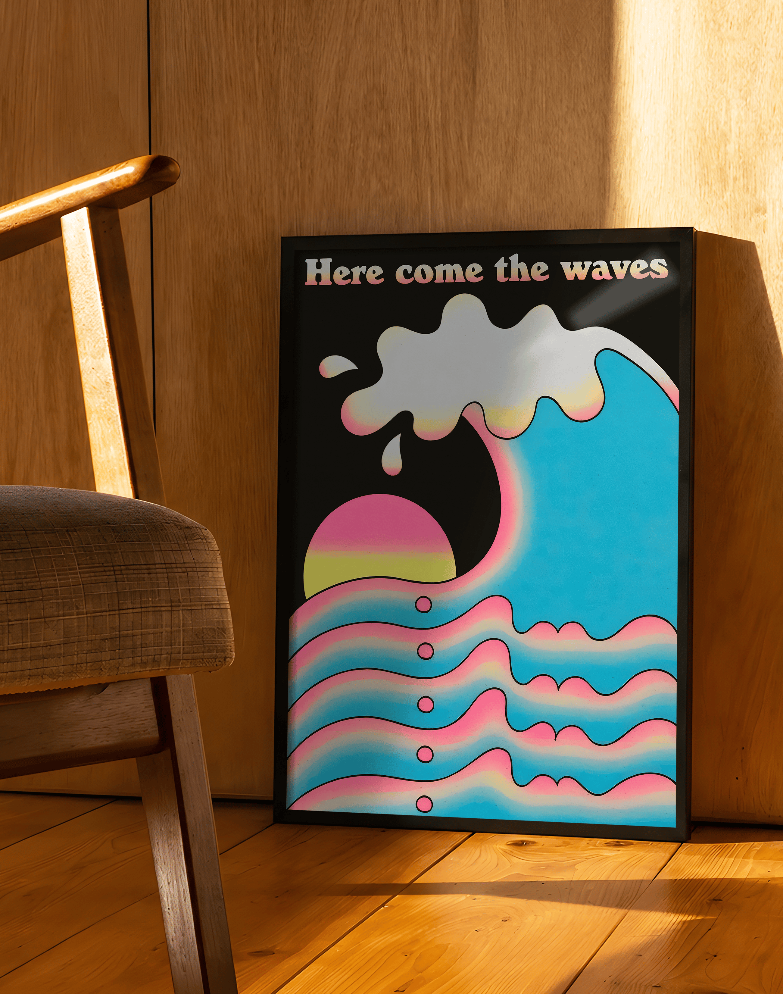 Here Come The Waves Modern Duvar Tablosu – Retro Dalga ve Gün Batımı Poster